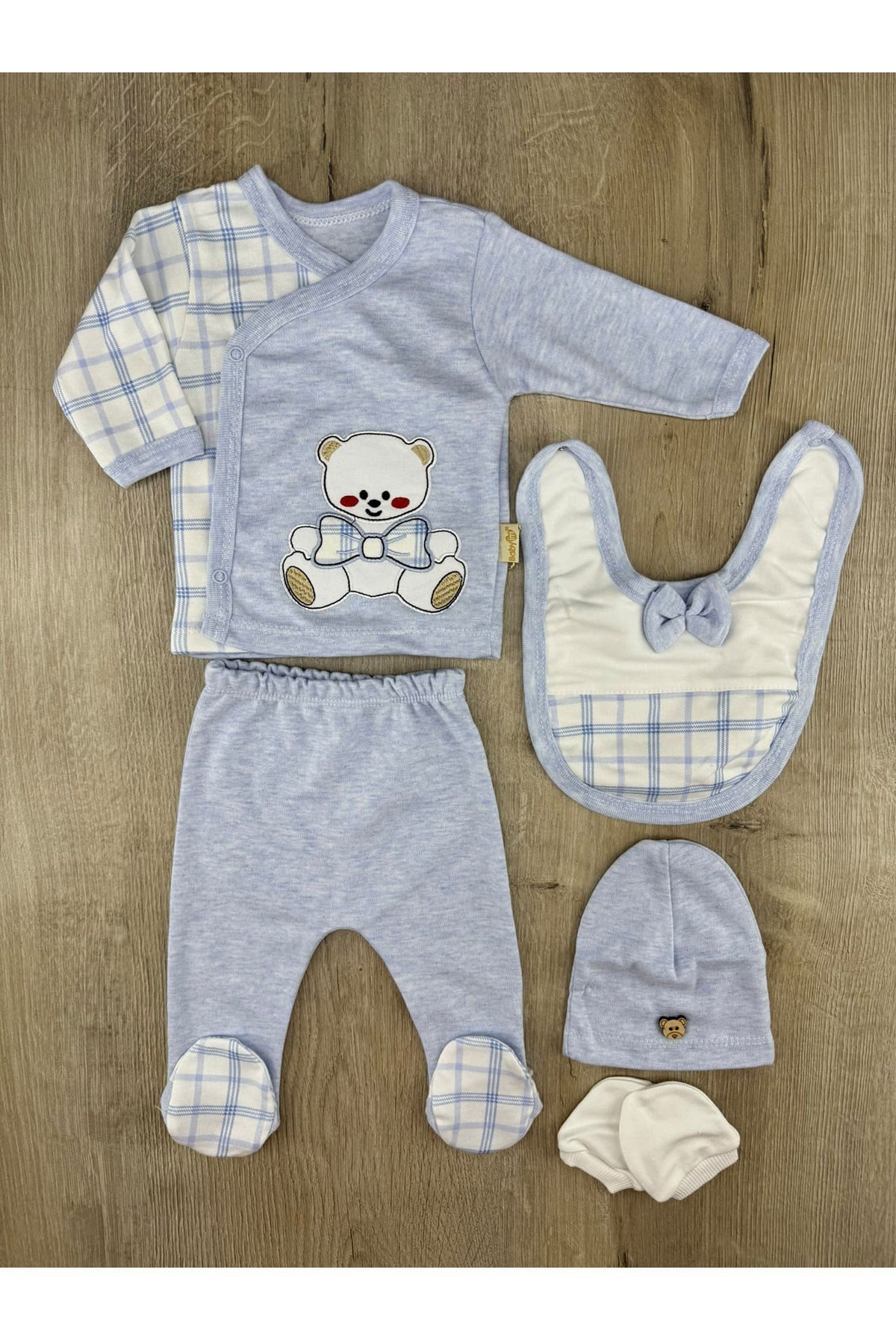Babyim(0-3 Ay) Oturan Papyonlu Ayıcık Desenli Zıbın Takımı