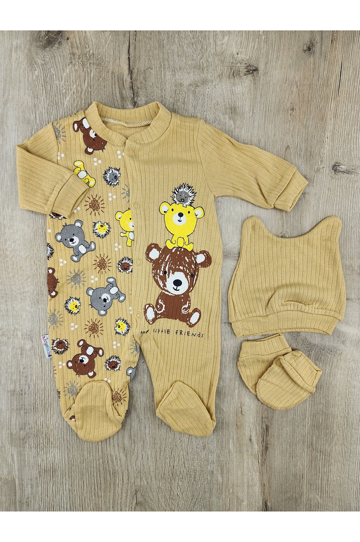 Beyzi Baby (0-9 Ay)  Little Friends Desenli Eldivenli Ve Şapkalı Tulum