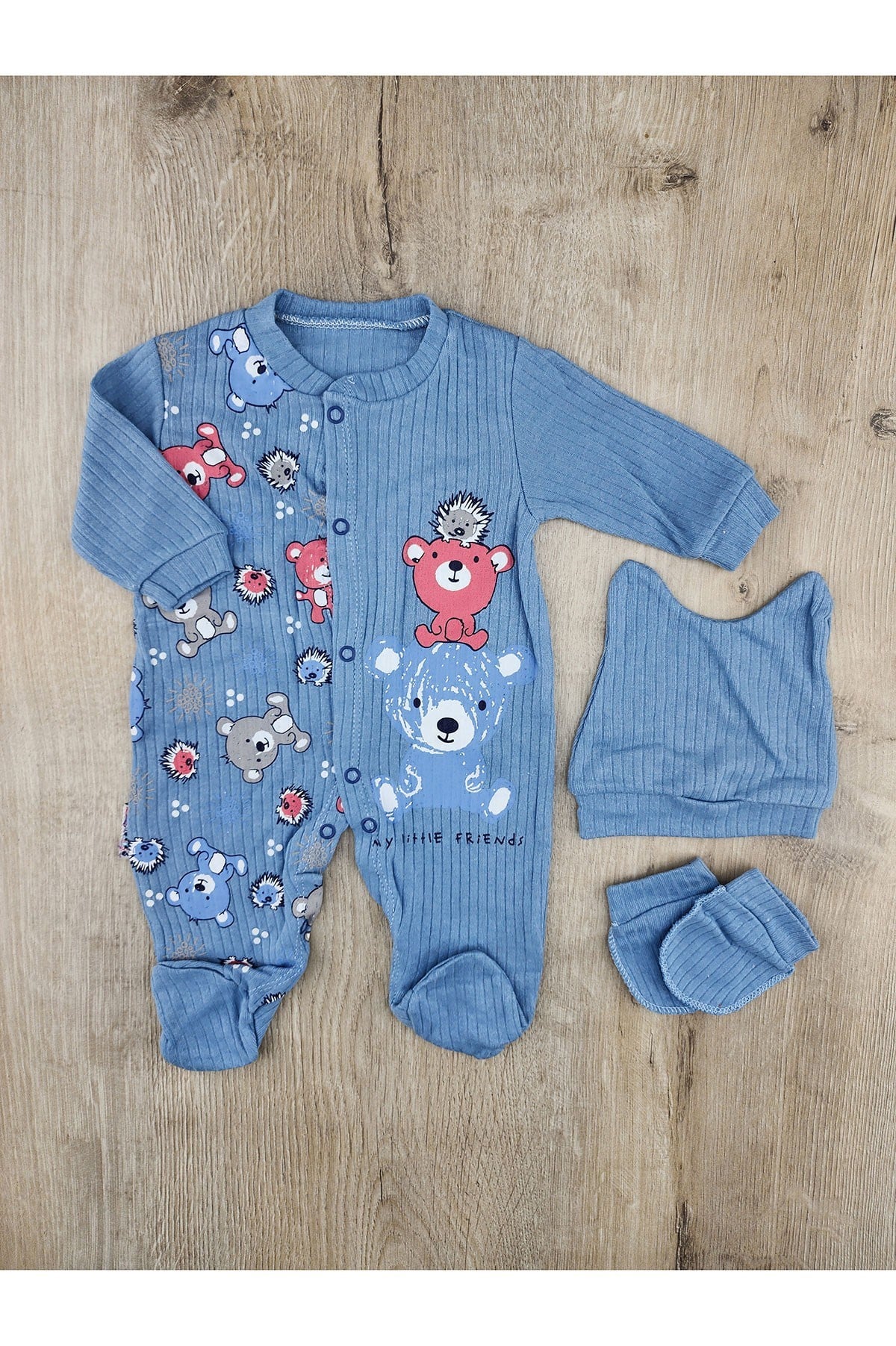 Beyzi Baby (0-9 Ay)  Little Friends Desenli Eldivenli Ve Şapkalı Tulum