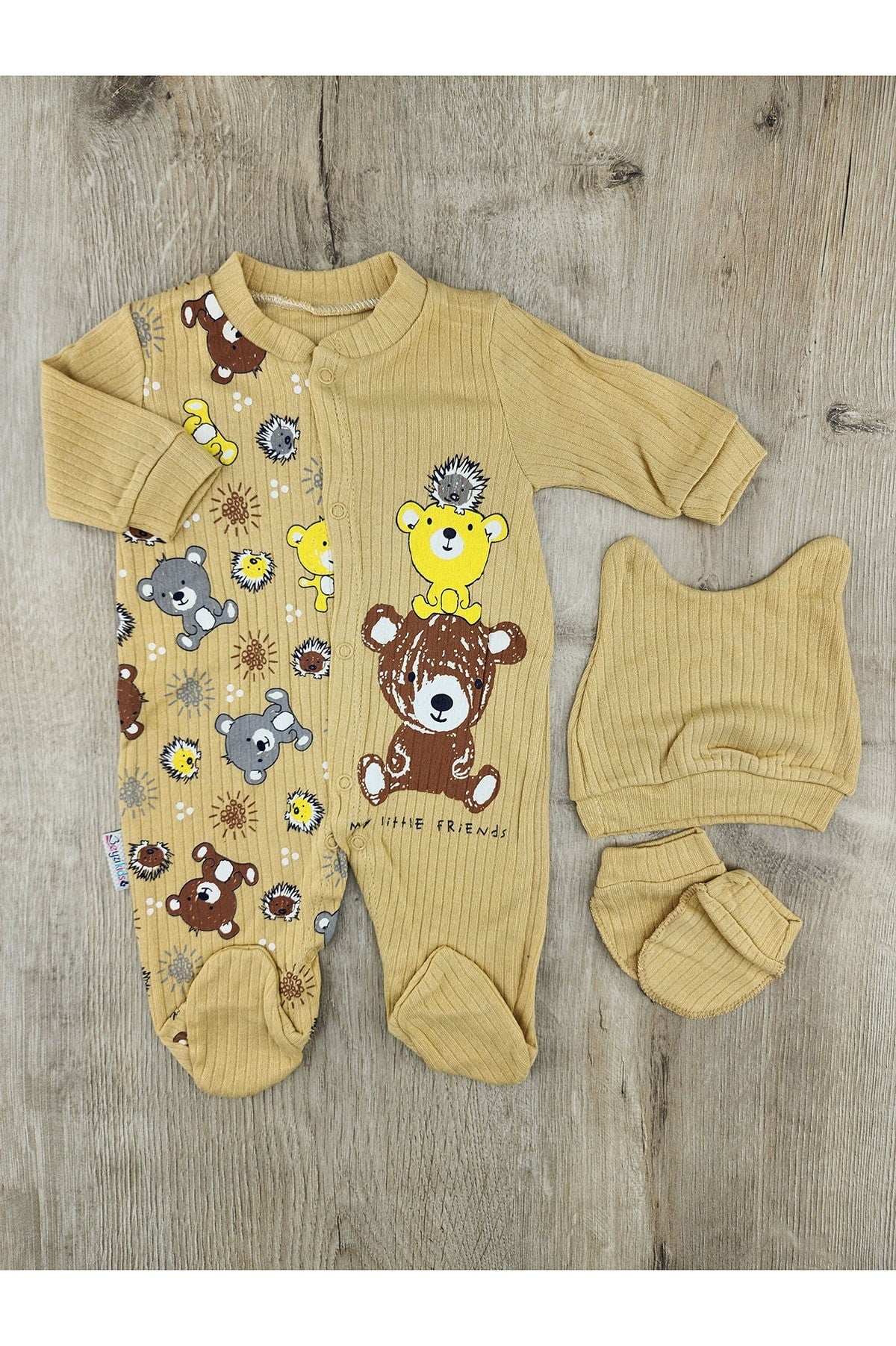 Beyzi Baby (0-9 Ay)  Little Friends Desenli Eldivenli Ve Şapkalı Tulum