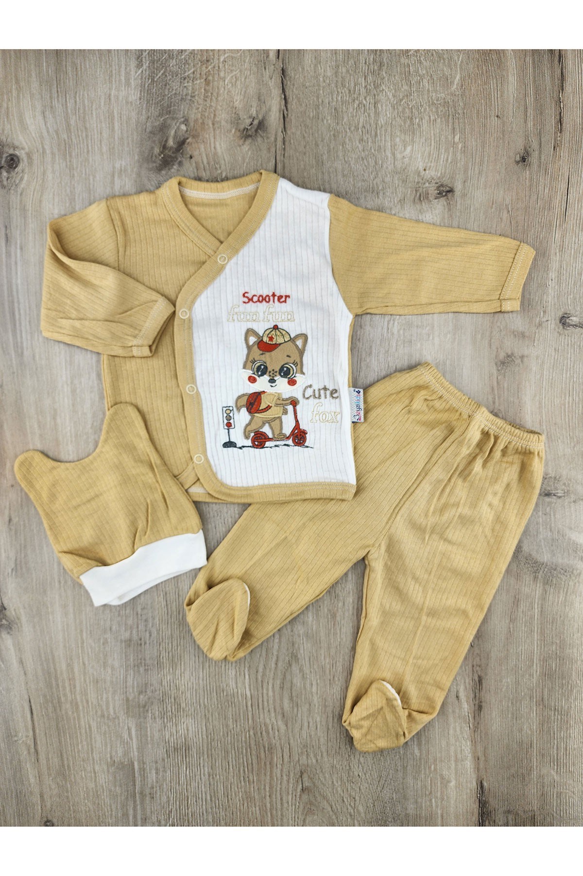 Beyzi Bebe (0-3 Ay) Bisiklet Süren Kedi Desenli Şapkalı Zıbın Takımı