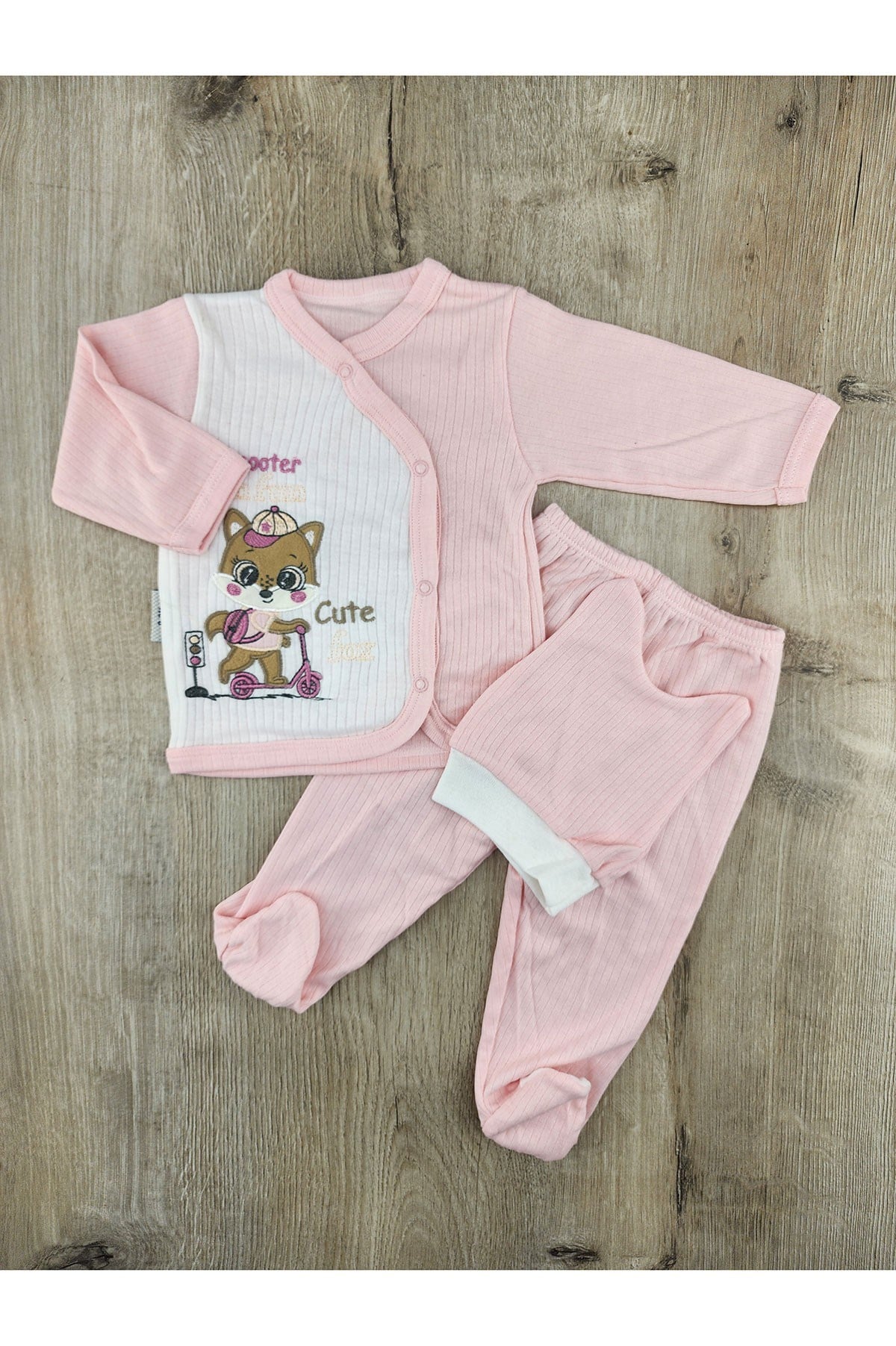 Beyzi Bebe (0-3 Ay) Bisiklet Süren Kedi Desenli Şapkalı Zıbın Takımı