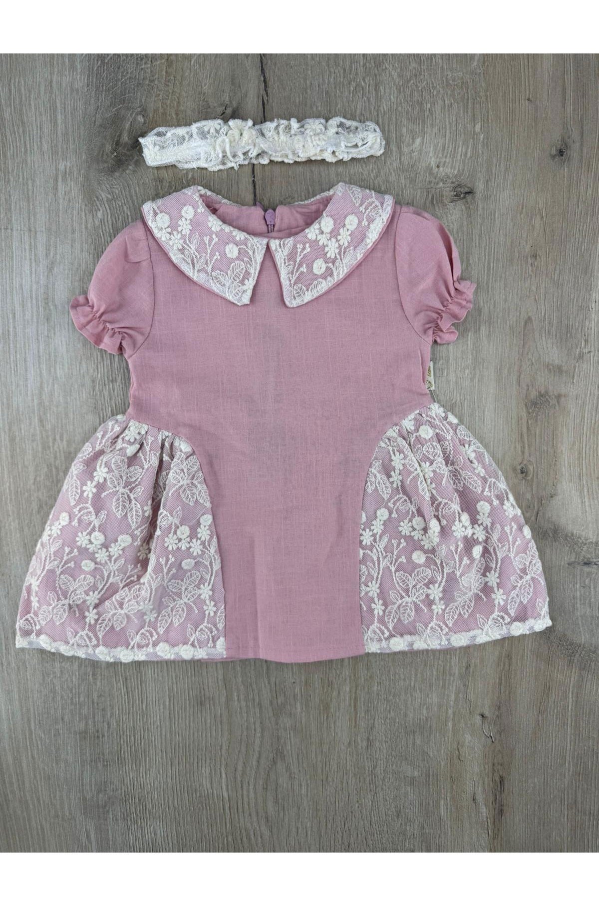 Çilek Bebe (9-24 Ay) 3253 Yandan Dantelli Bandanalı Keten Elbise