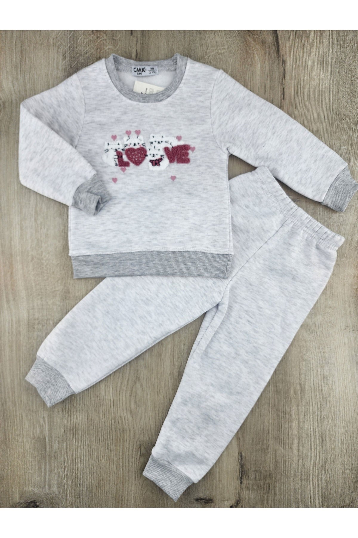 CMK (3-7 Yaş) Love Kedicikler Desenli 3İp Şardonlu Takım