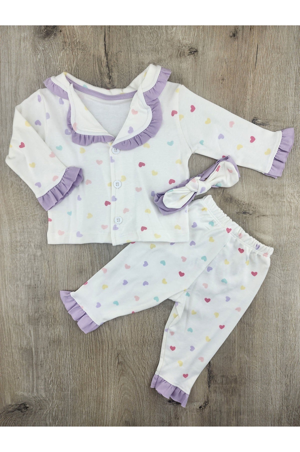 Dolaş (6-24 Ay) Renkli Minik Kalp Desenli Önden Düğmeli Pijama Takımı