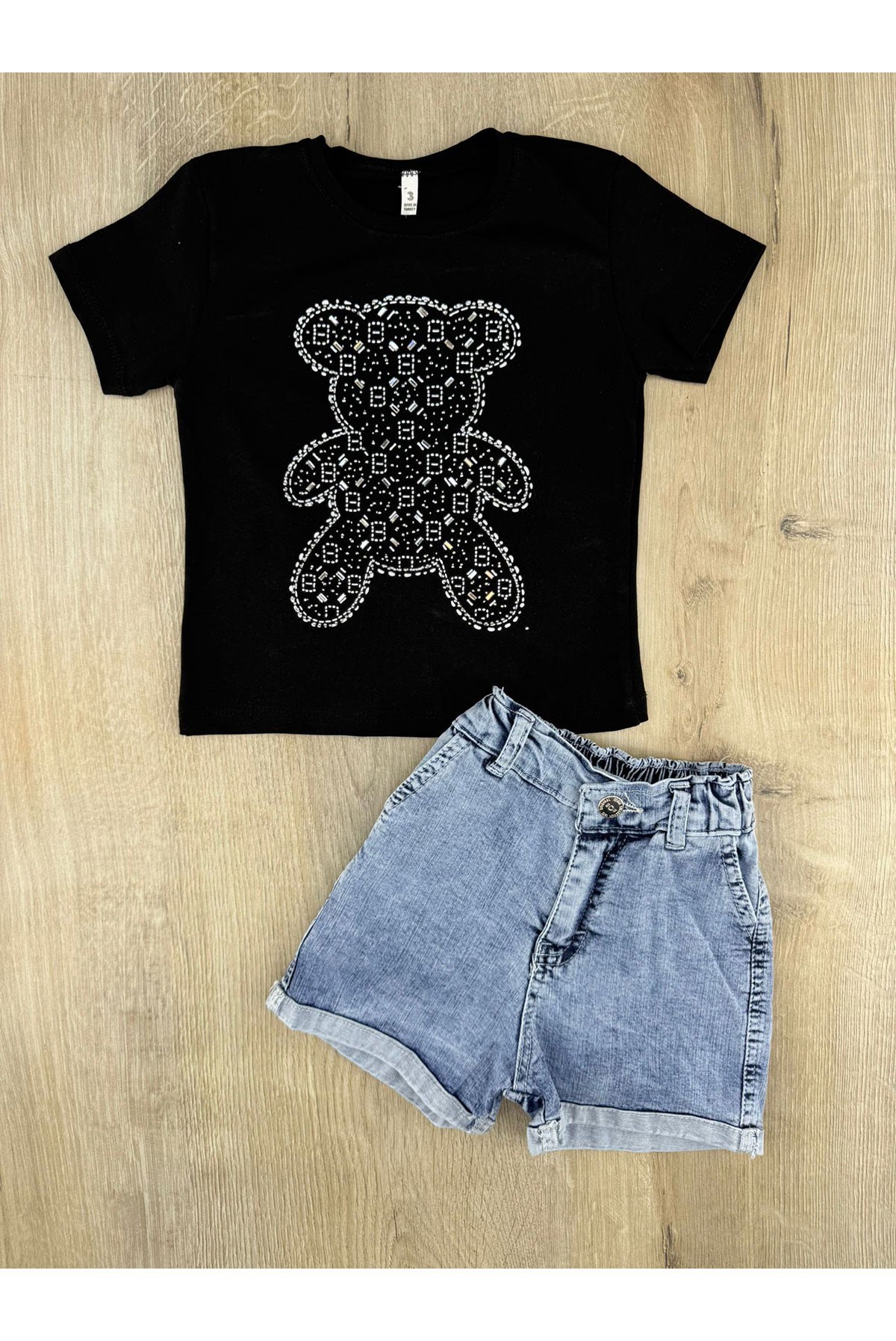 Giydrop (3-6 Yaş) Pullu Ayıcık Desenli Kot Şortlu Takım