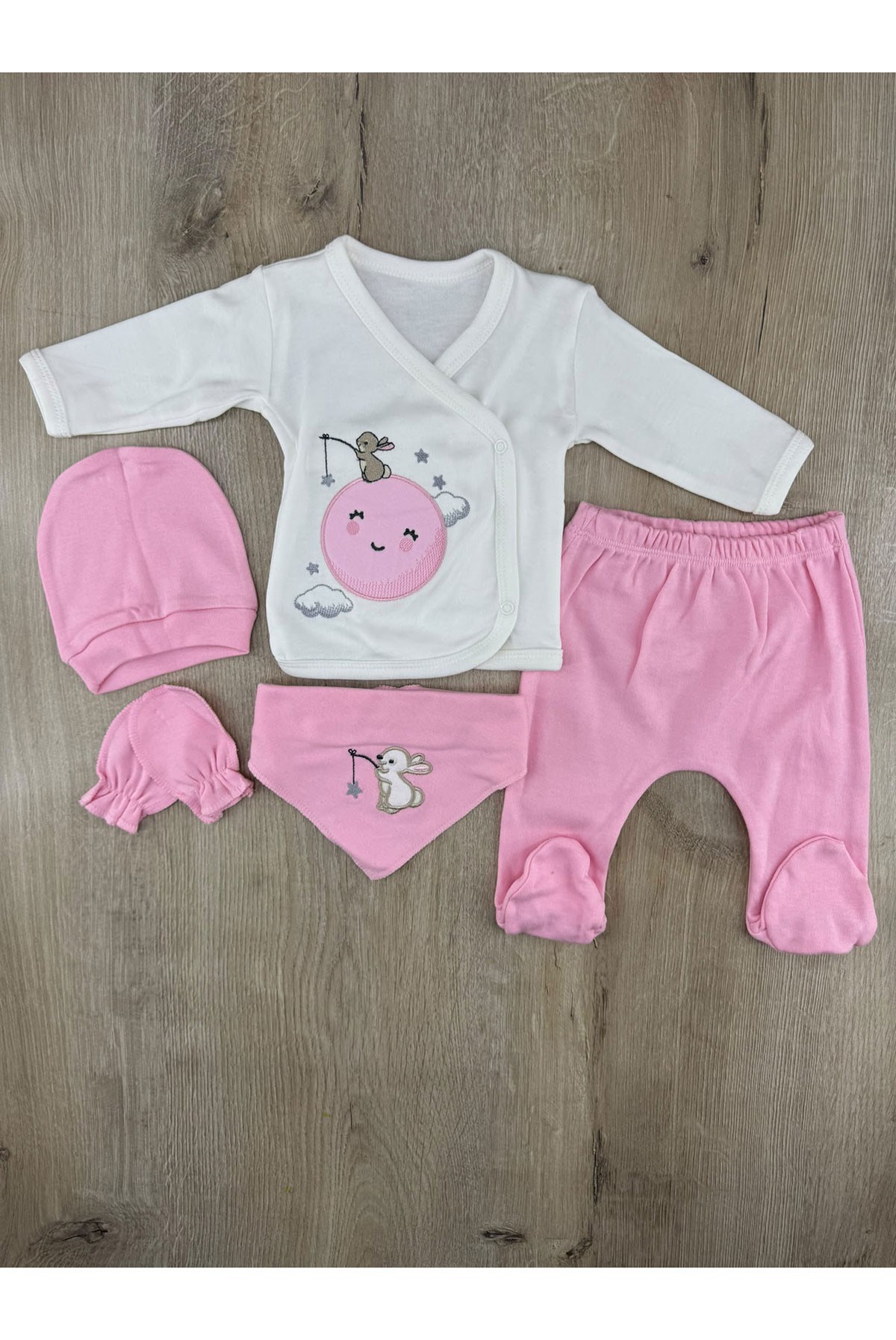 Gonca Bebe (0-3 Ay) Balık Tutan Tavşan Desenli 5Li Zıbın Takımı