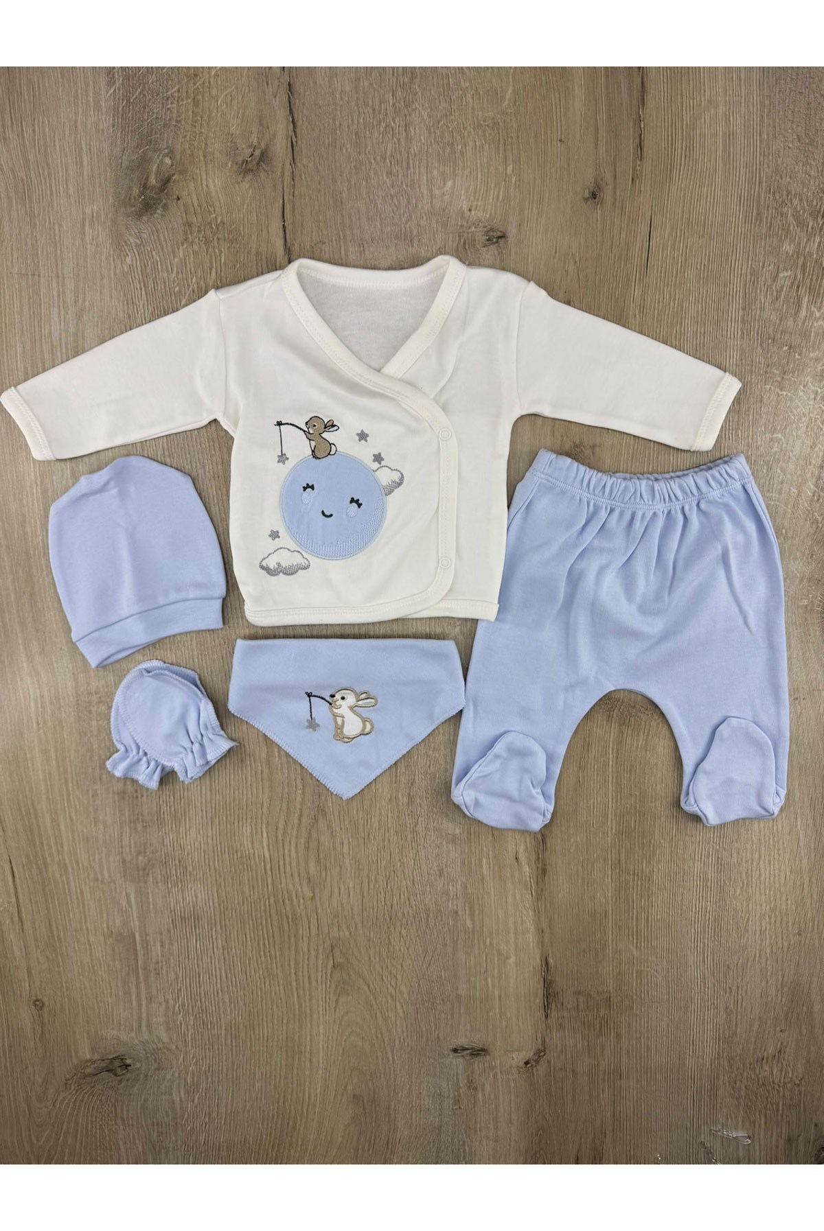 Gonca Bebe (0-3 Ay) Balık Tutan Tavşan Desenli 5Li Zıbın Takımı