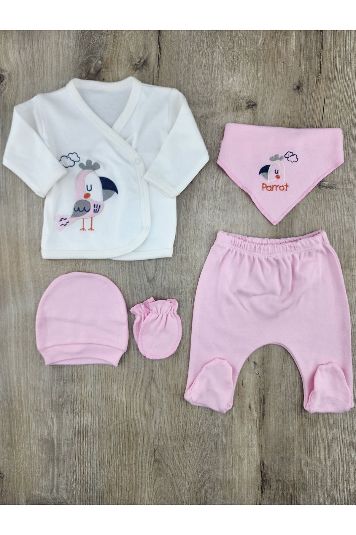 Gonca Bebe (0-3 Ay) Papağan Desenli 5Li Zıbın Takımı