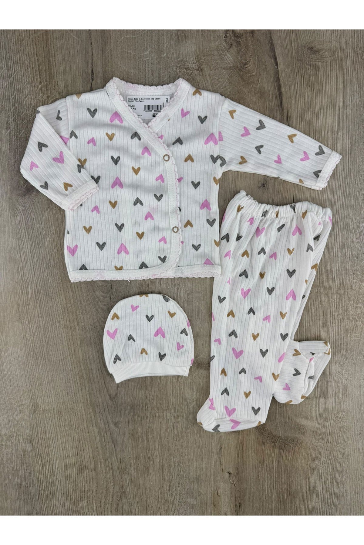 Gonca Bebe (0-3 ay) Renkli Kalp Desenli Şapkalı Zıbın Takımı