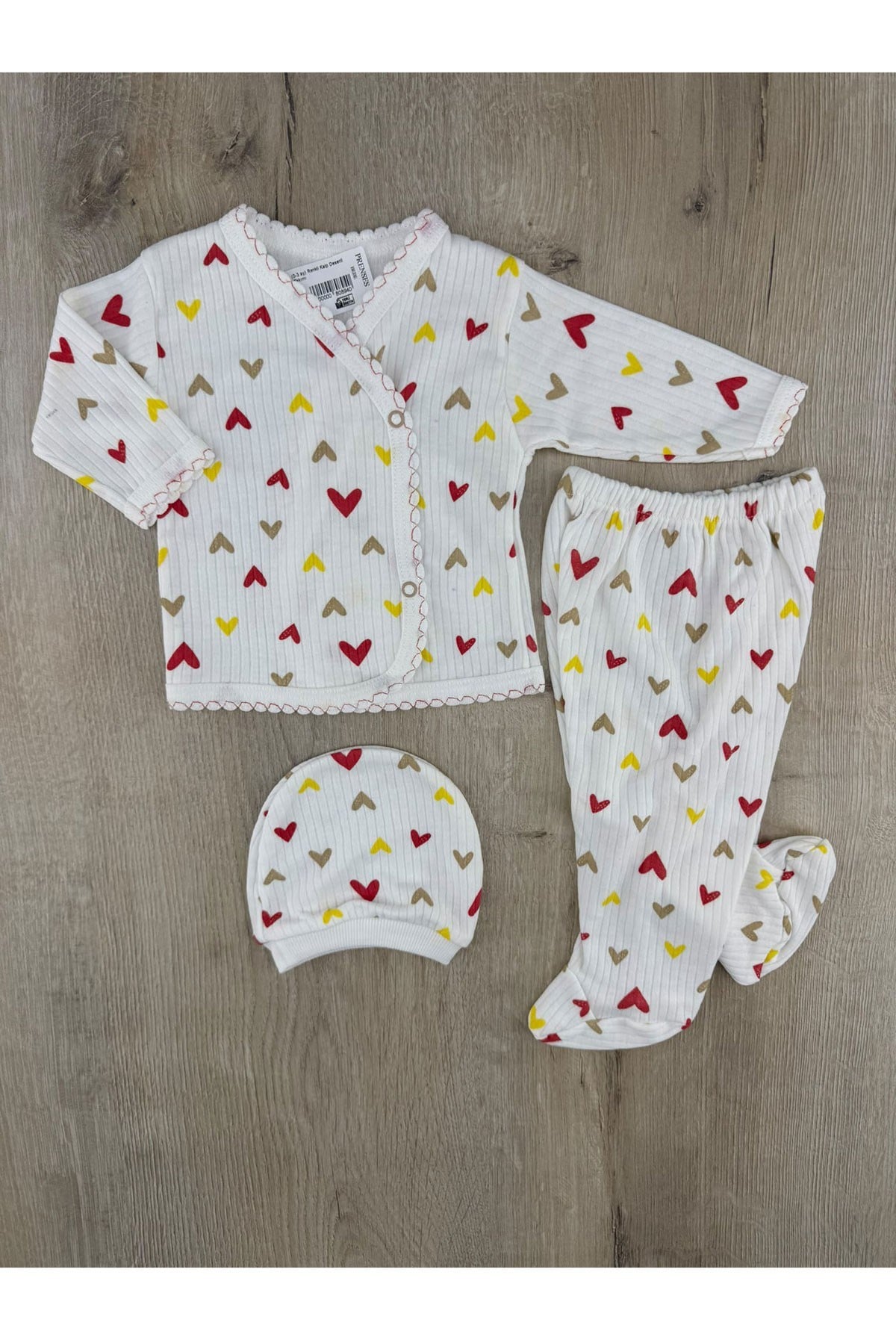 Gonca Bebe (0-3 ay) Renkli Kalp Desenli Şapkalı Zıbın Takımı