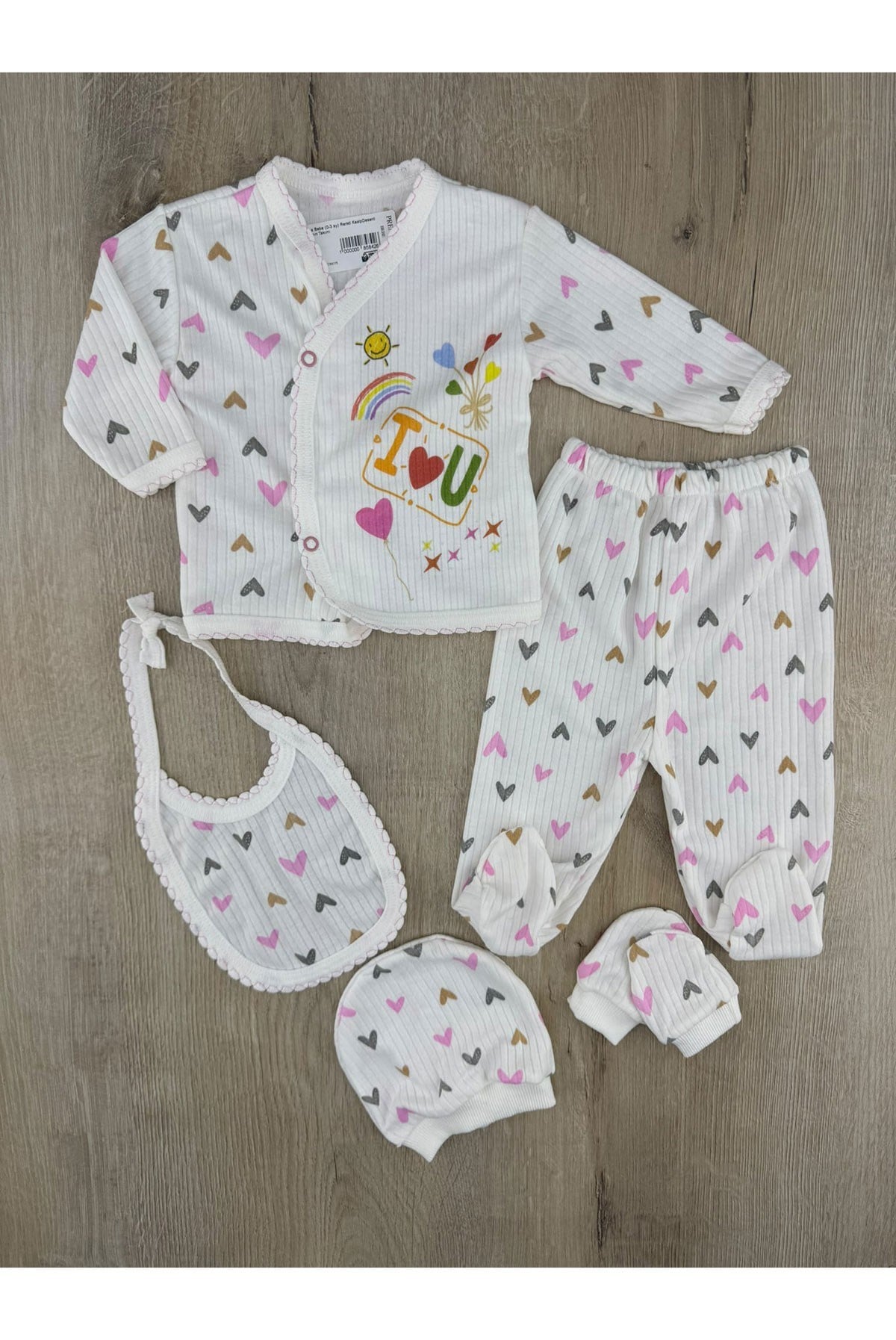 Gonca Bebe (0-3 ay) Renkli Kalp Desenli 5Li Zıbın Takımı