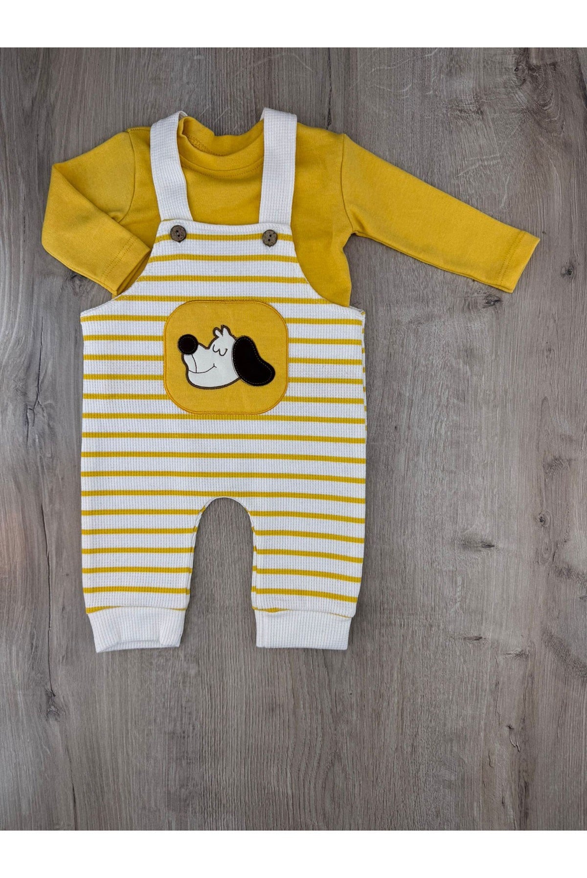 Gözde Baby (6-24 Ay) Çizgili Sevimli Köpek Desenli Badili Waffle Kumaş Slopet