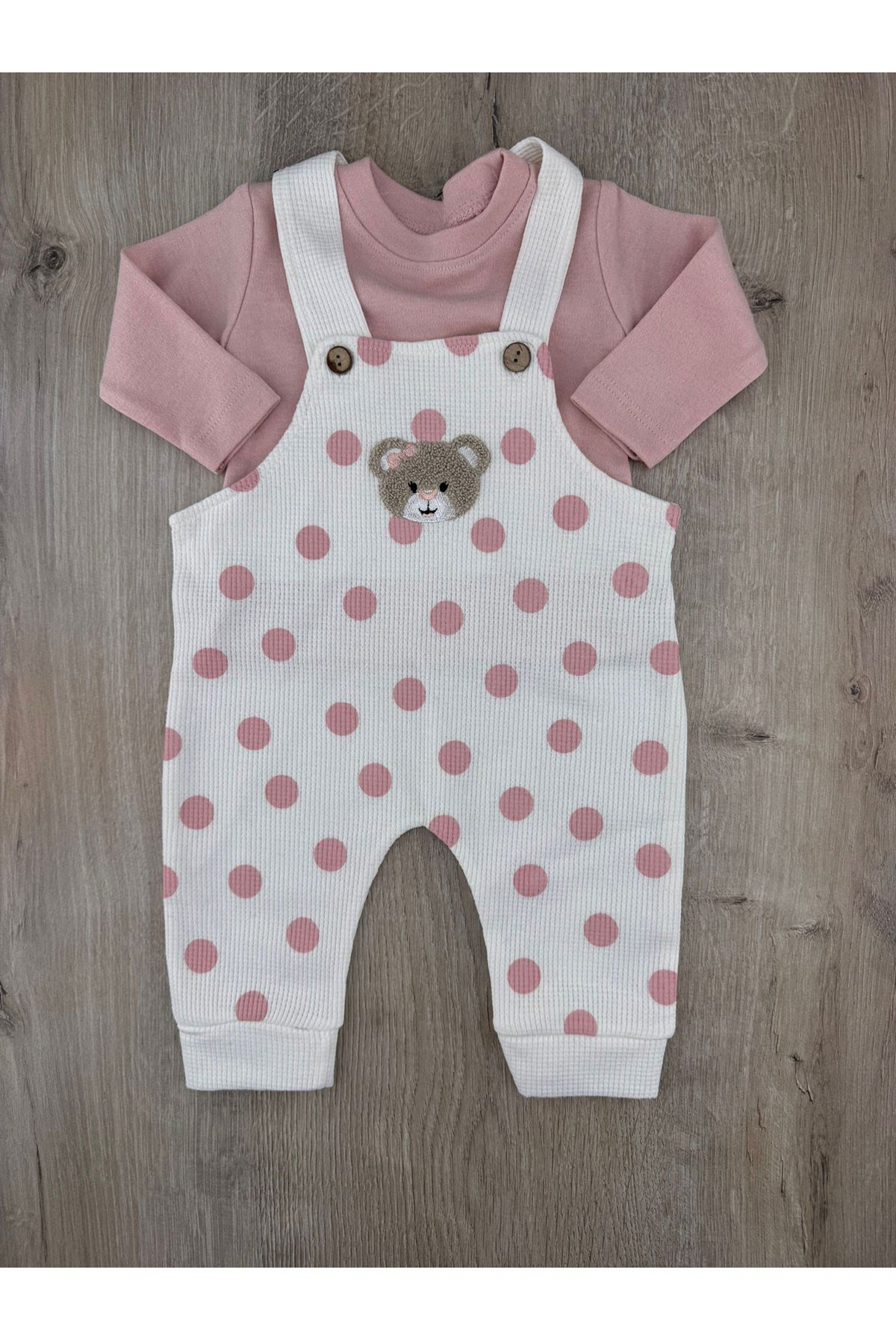 Gözde Baby (6-24 Ay) Puanlı Fiyonklu Ayıcık Desenli Badili Waffle Kumaş Slopet