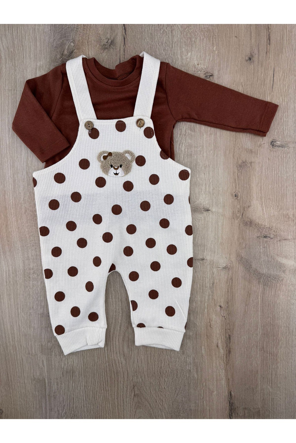 Gözde Baby (6-24 Ay) Puanlı Fiyonklu Ayıcık Desenli Badili Waffle Kumaş Slopet