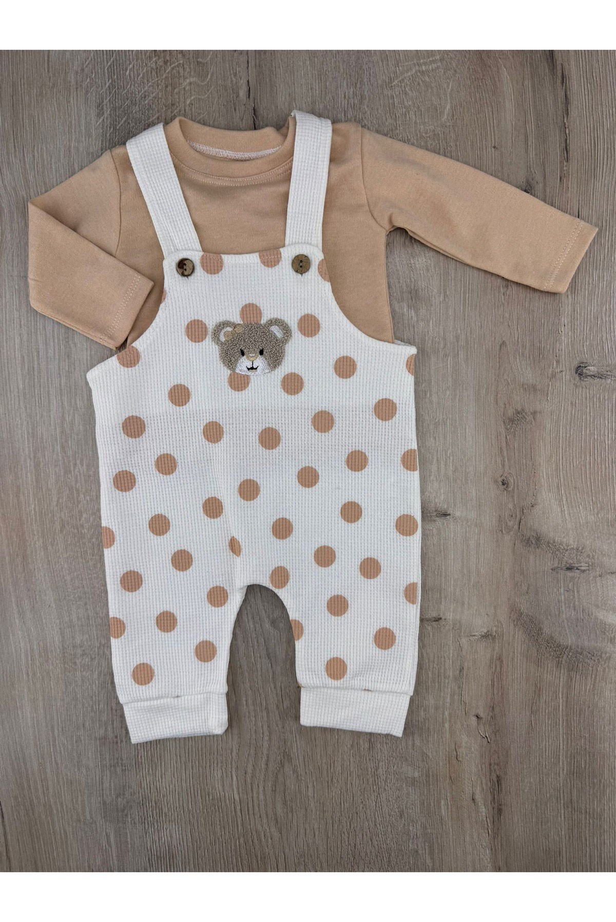Gözde Baby (6-24 Ay) Puanlı Fiyonklu Ayıcık Desenli Badili Waffle Kumaş Slopet