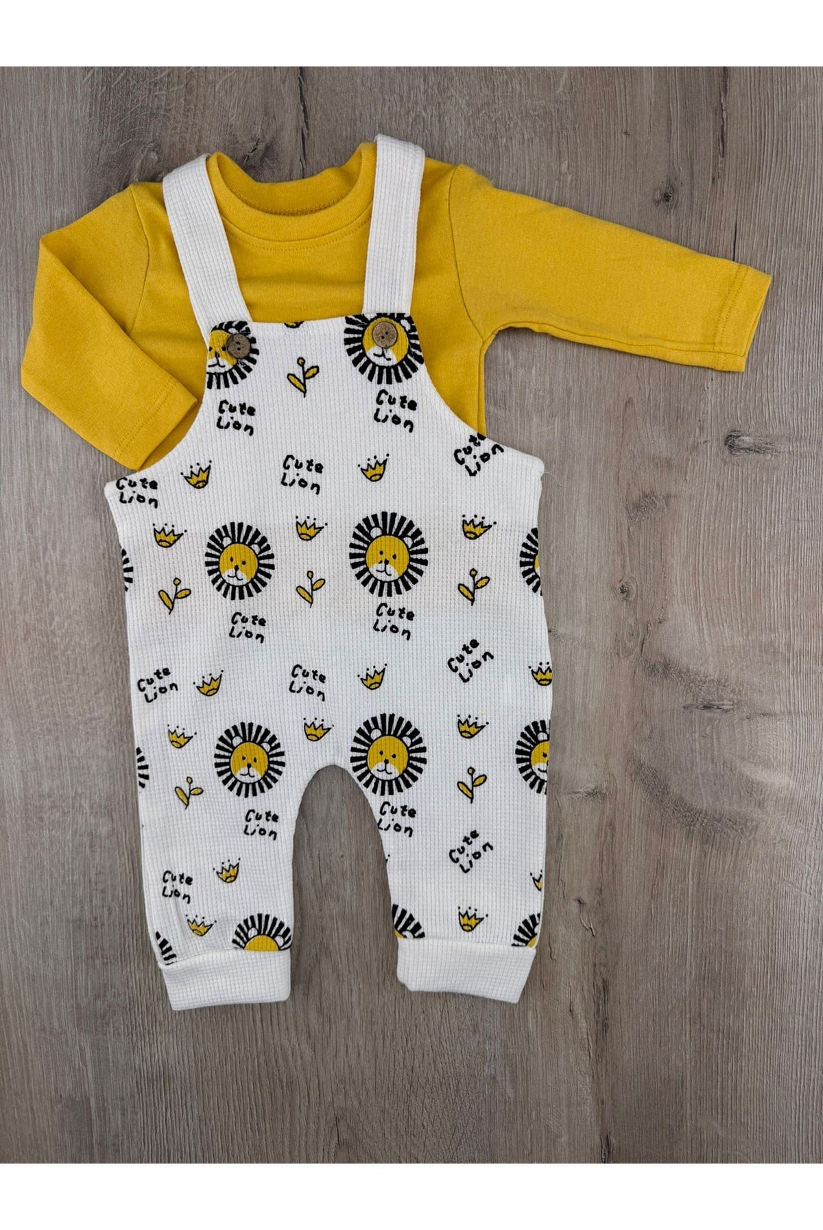 Gözde Baby (6-24 Ay) Sevimli Aslan Desenli Badili Waffle Kumaş Slopet