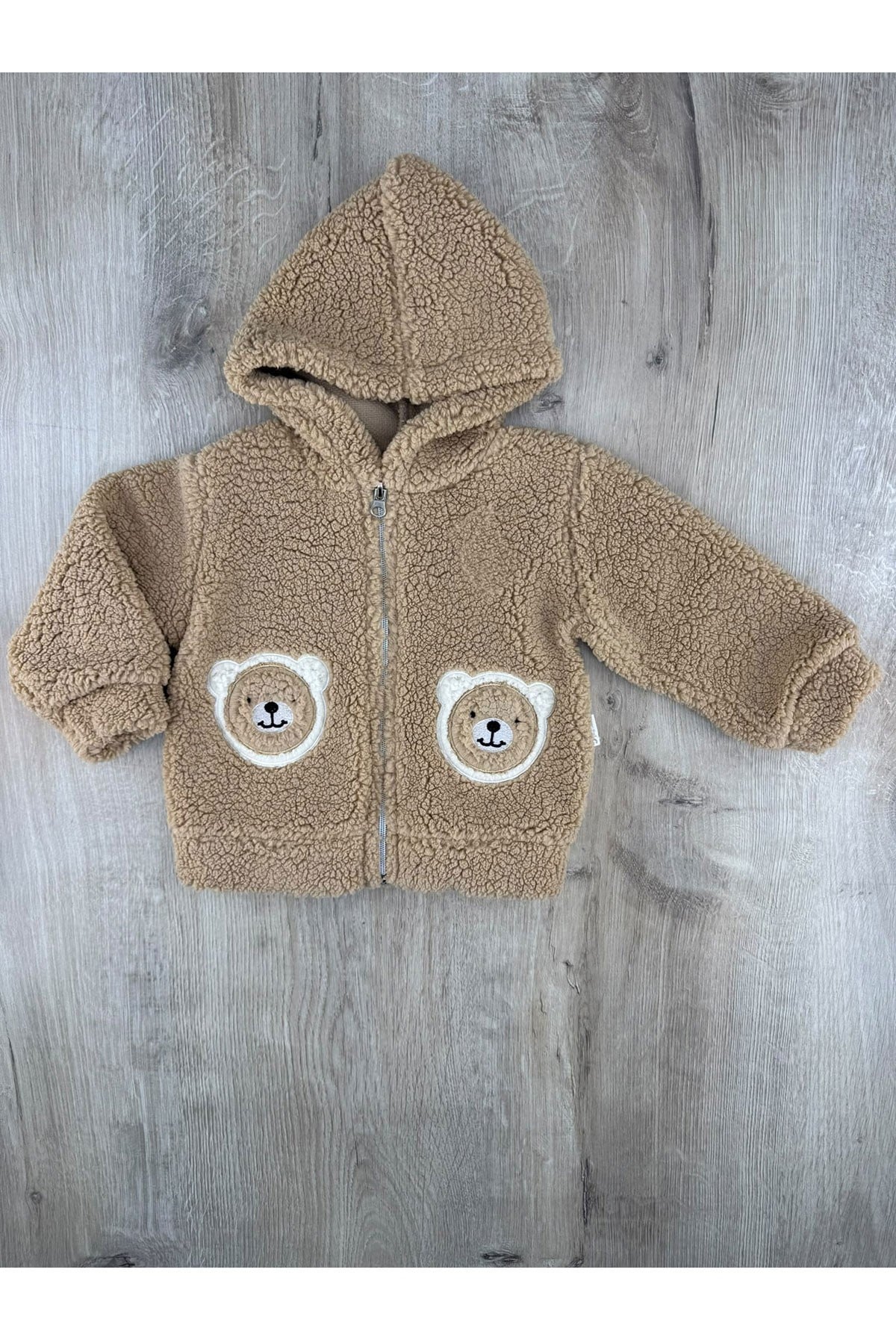 Güleş Bebe (9-12-18 Ay) Çift Ayıcık Desenli Kapşonlu Peluş Hırka