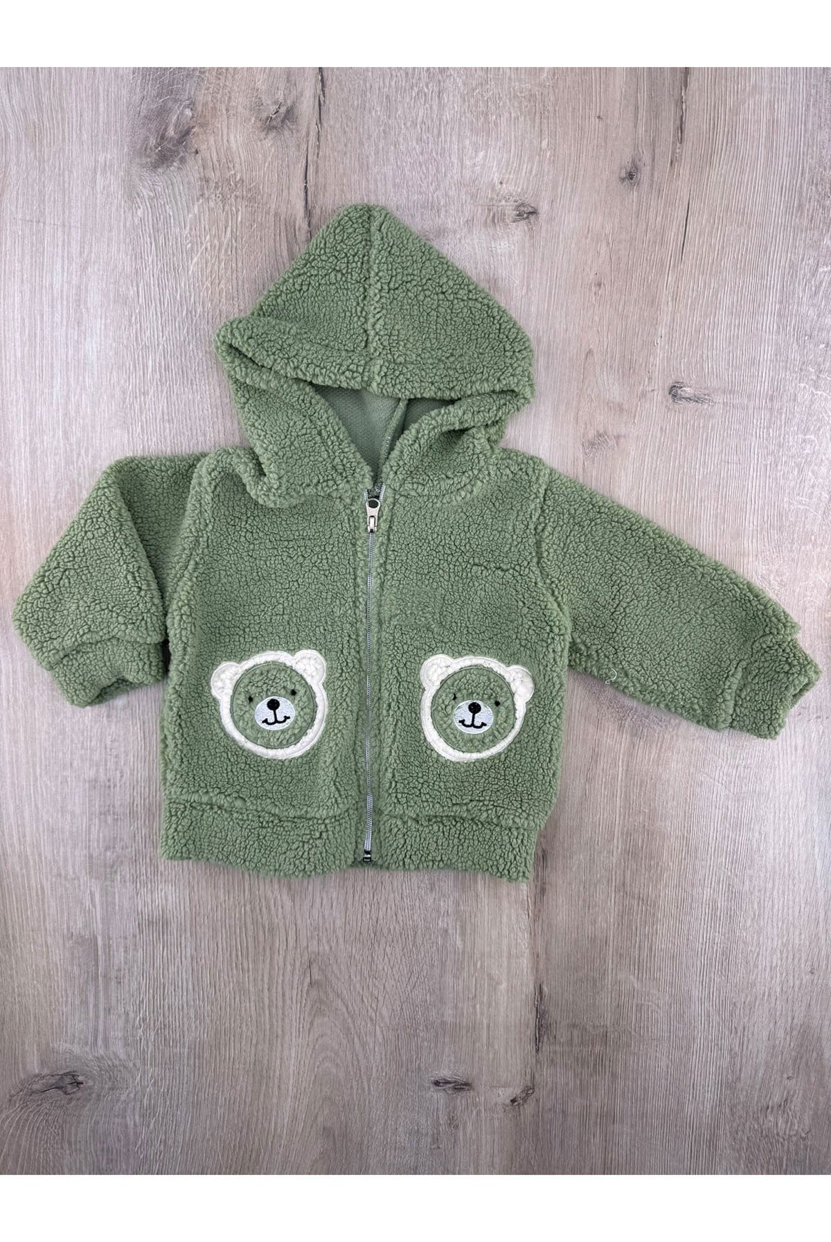Güleş Bebe (9-12-18 Ay) Çift Ayıcık Desenli Kapşonlu Peluş Hırka