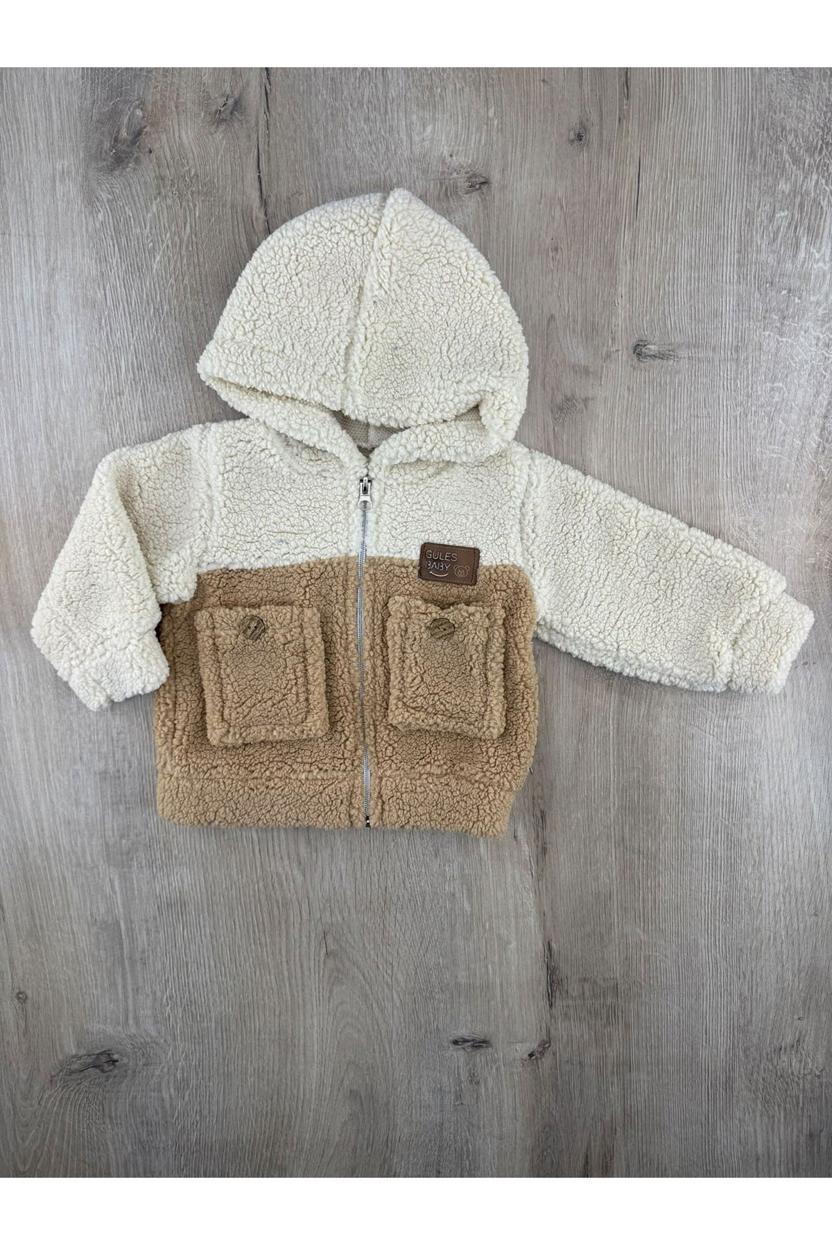 Güleş Bebe (9-12-18 Ay) Çift Cepli Kapşonlu Peluş Hırka