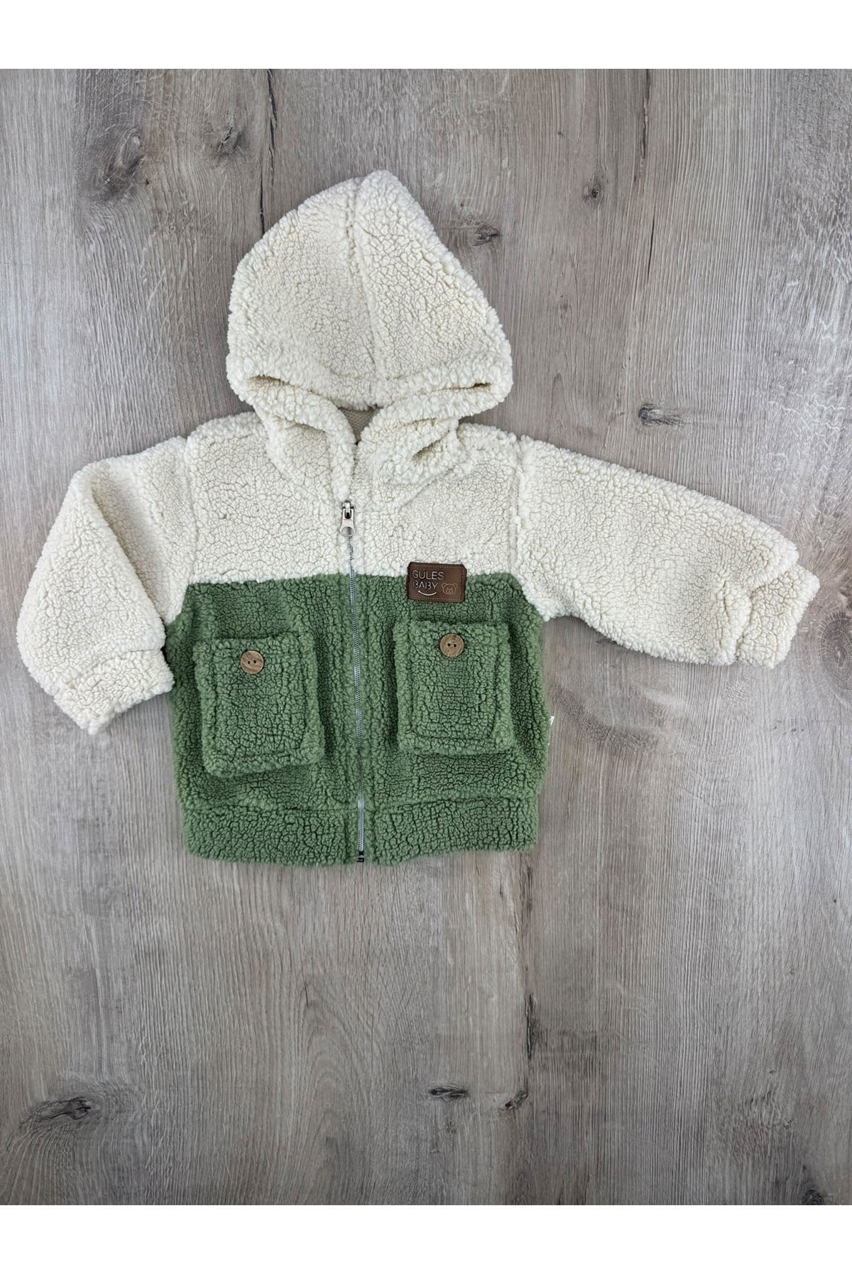 Güleş Bebe (9-12-18 Ay) Çift Cepli Kapşonlu Peluş Hırka