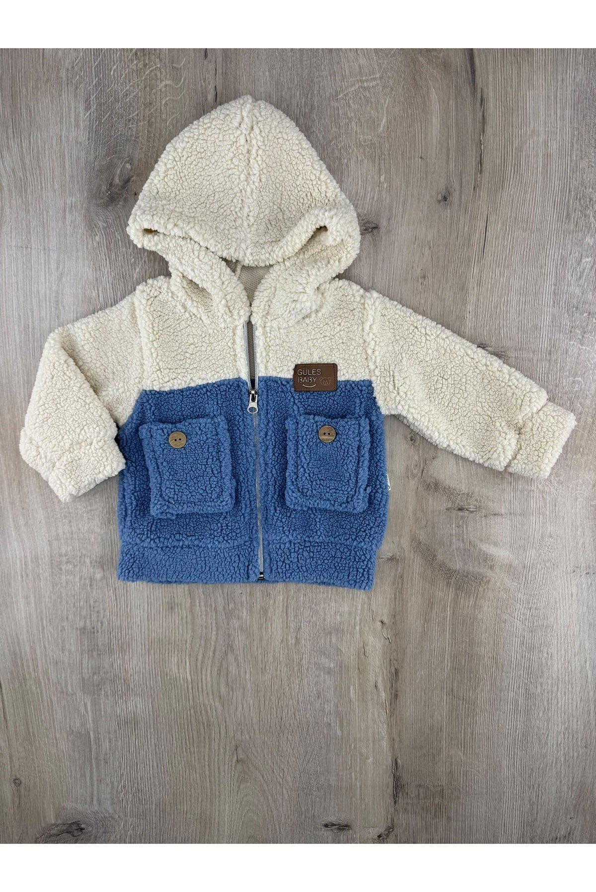 Güleş Bebe (9-12-18 Ay) Çift Cepli Kapşonlu Peluş Hırka