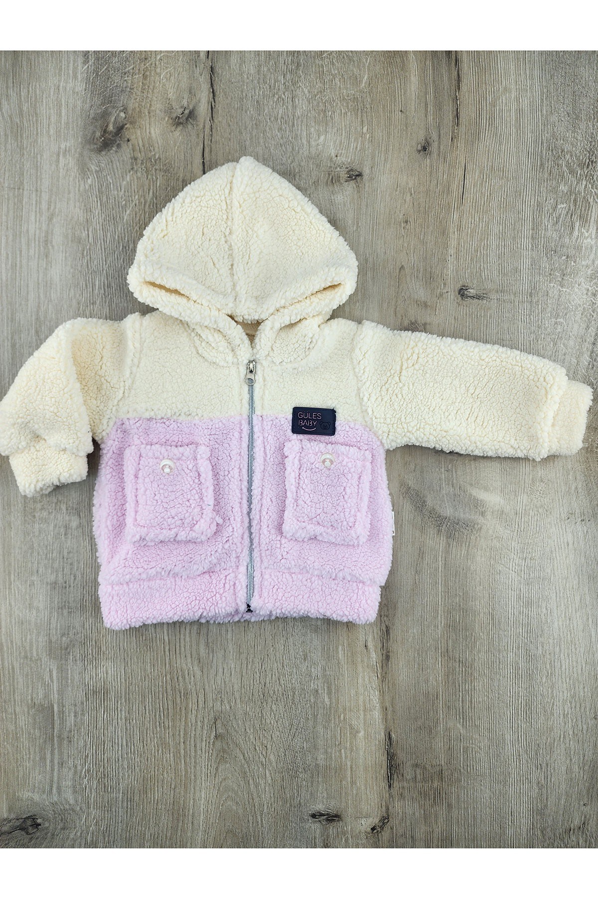 Güleş Bebe (9-12-18 Ay) KIZ Çift Cepli Kapşonlu Peluş Hırka