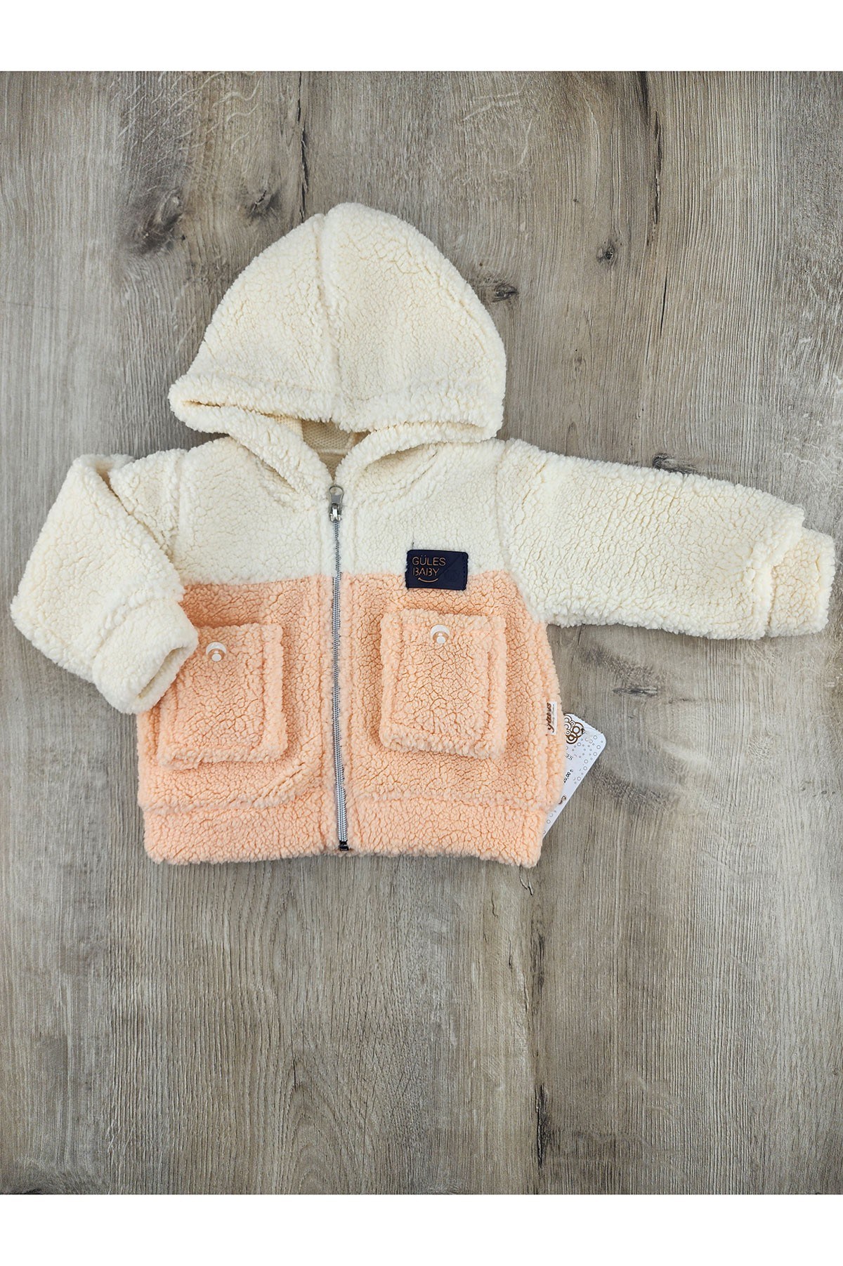 Güleş Bebe (9-12-18 Ay) KIZ Çift Cepli Kapşonlu Peluş Hırka
