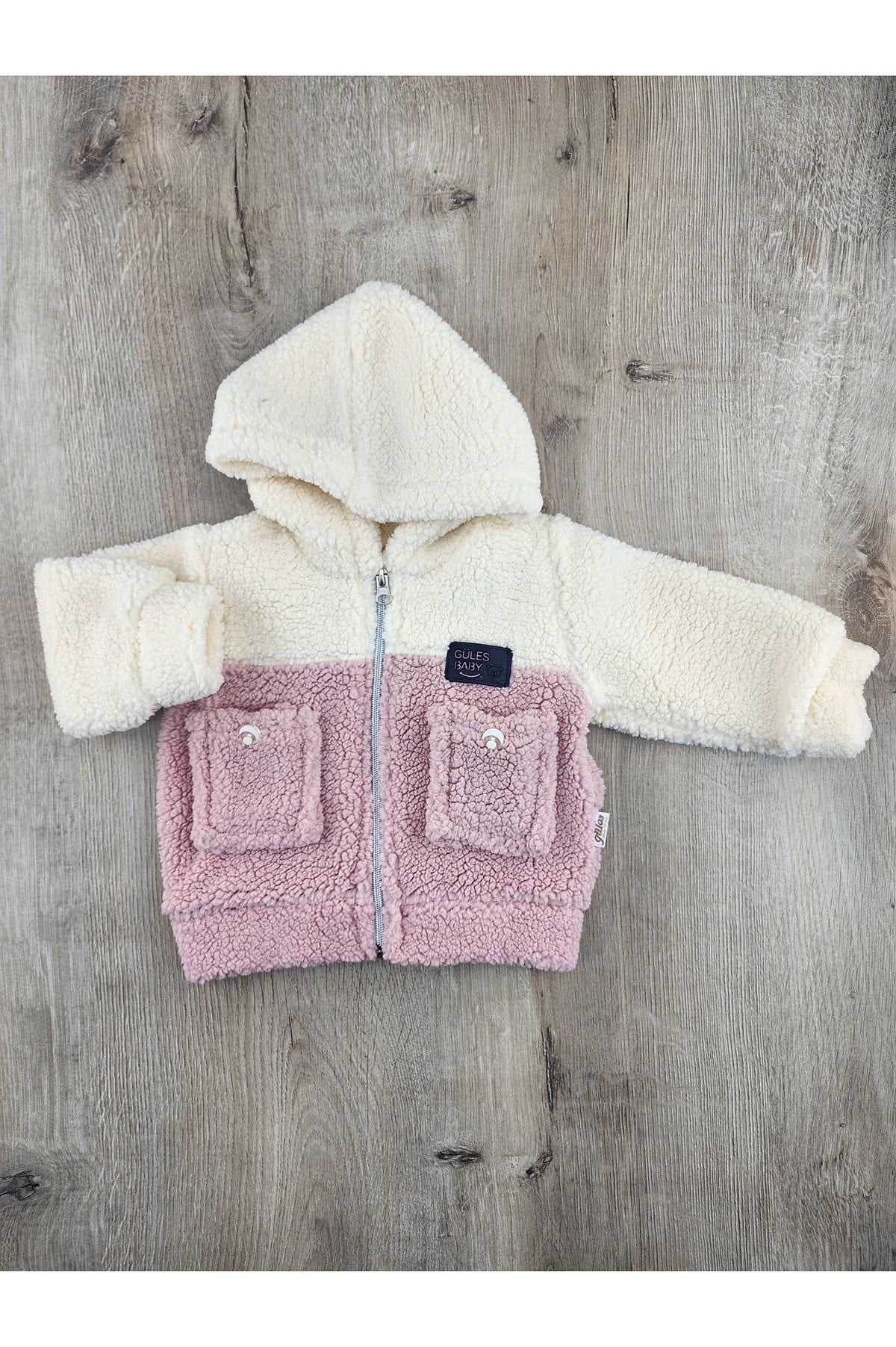 Güleş Bebe (9-12-18 Ay) KIZ Çift Cepli Kapşonlu Peluş Hırka