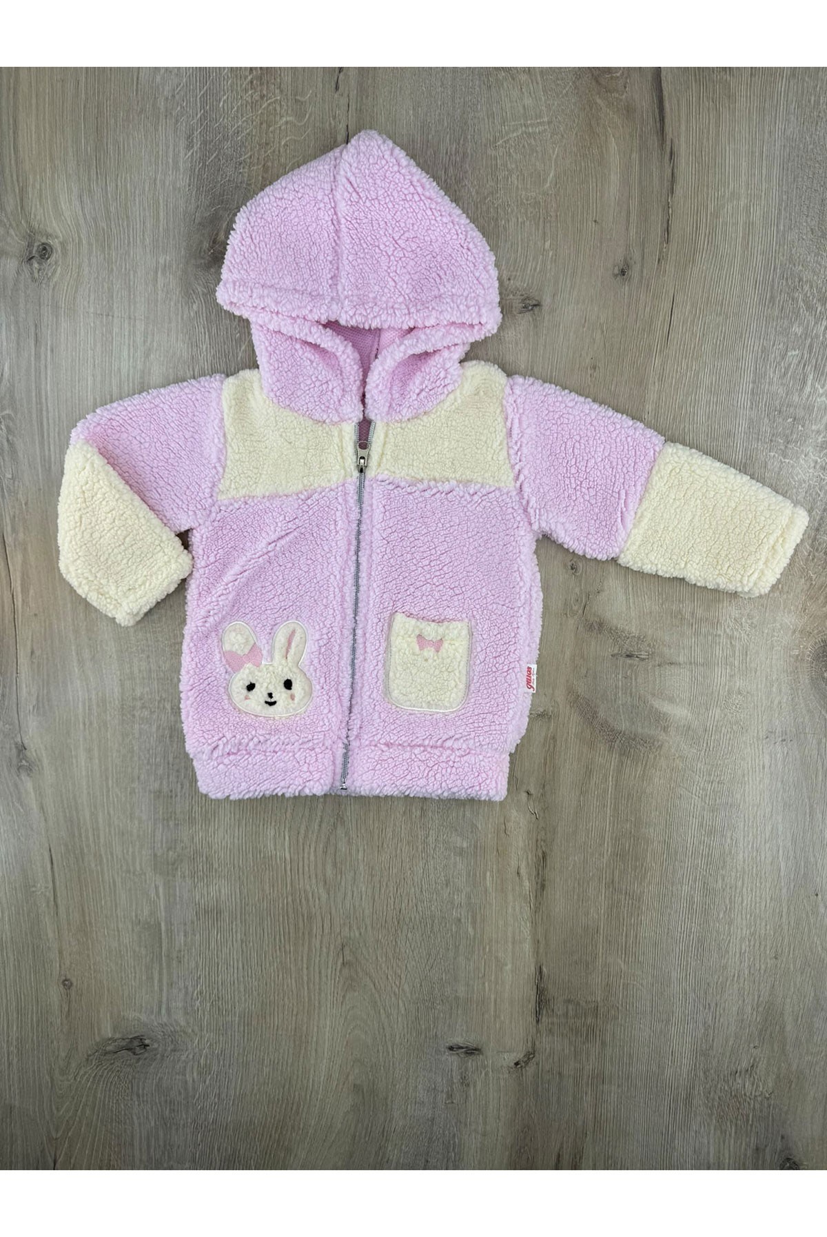 Güleş Bebe (9-12-18 Ay) Tavşan Nakışlı Kapşonlu Peluş Hırka