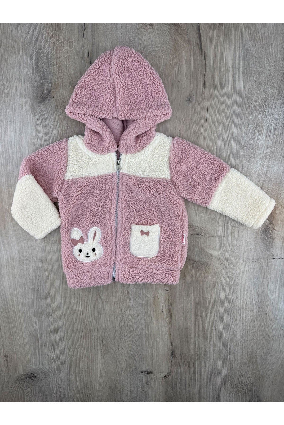 Güleş Bebe (9-12-18 Ay) Tavşan Nakışlı Kapşonlu Peluş Hırka