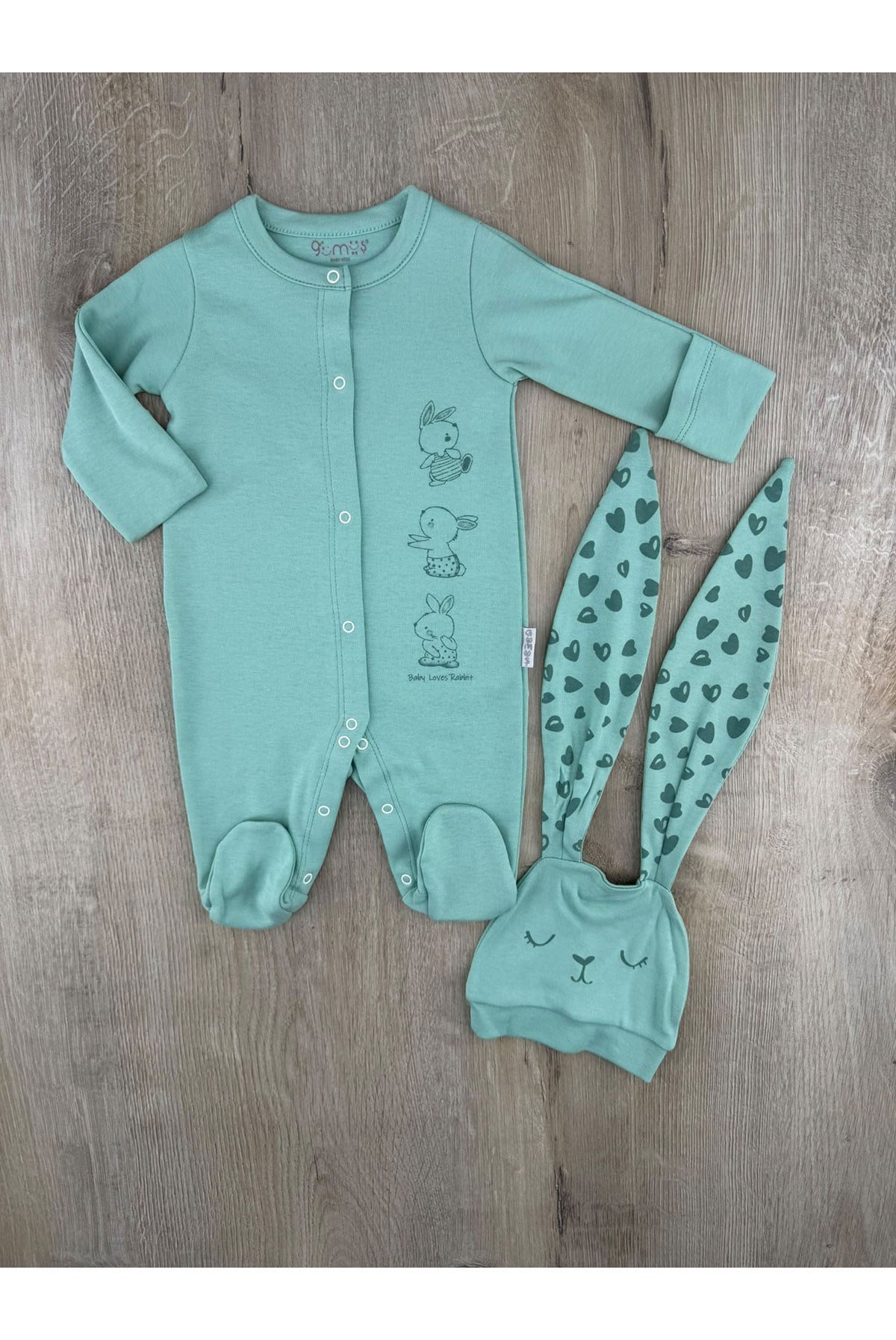Gümüş Baby (0-3 Ay) Tavşan Desenli Şapkalı Tulum