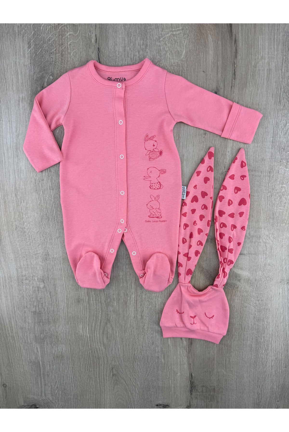 Gümüş Baby (0-3 Ay) Tavşan Desenli Şapkalı Tulum