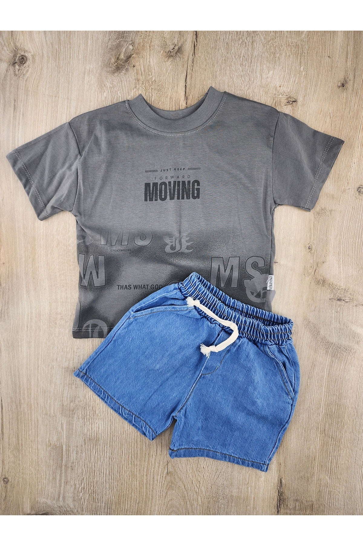 Minamino (2-5 Yaş) Moving Desenli Kot Şortlu Takım