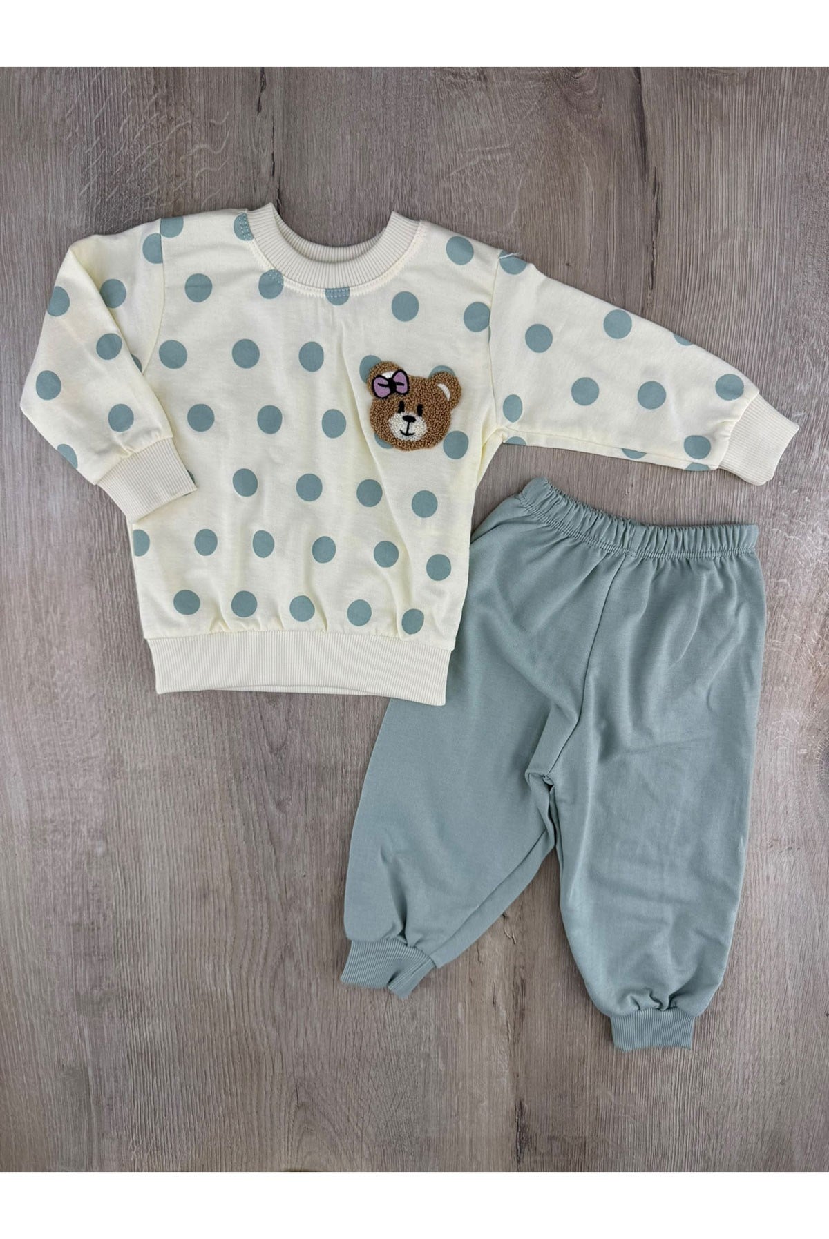 Minibird (1-2-3 Yaş) Puanlı Fiyonklu Ayıcık Desenli Mevsimlik Takım
