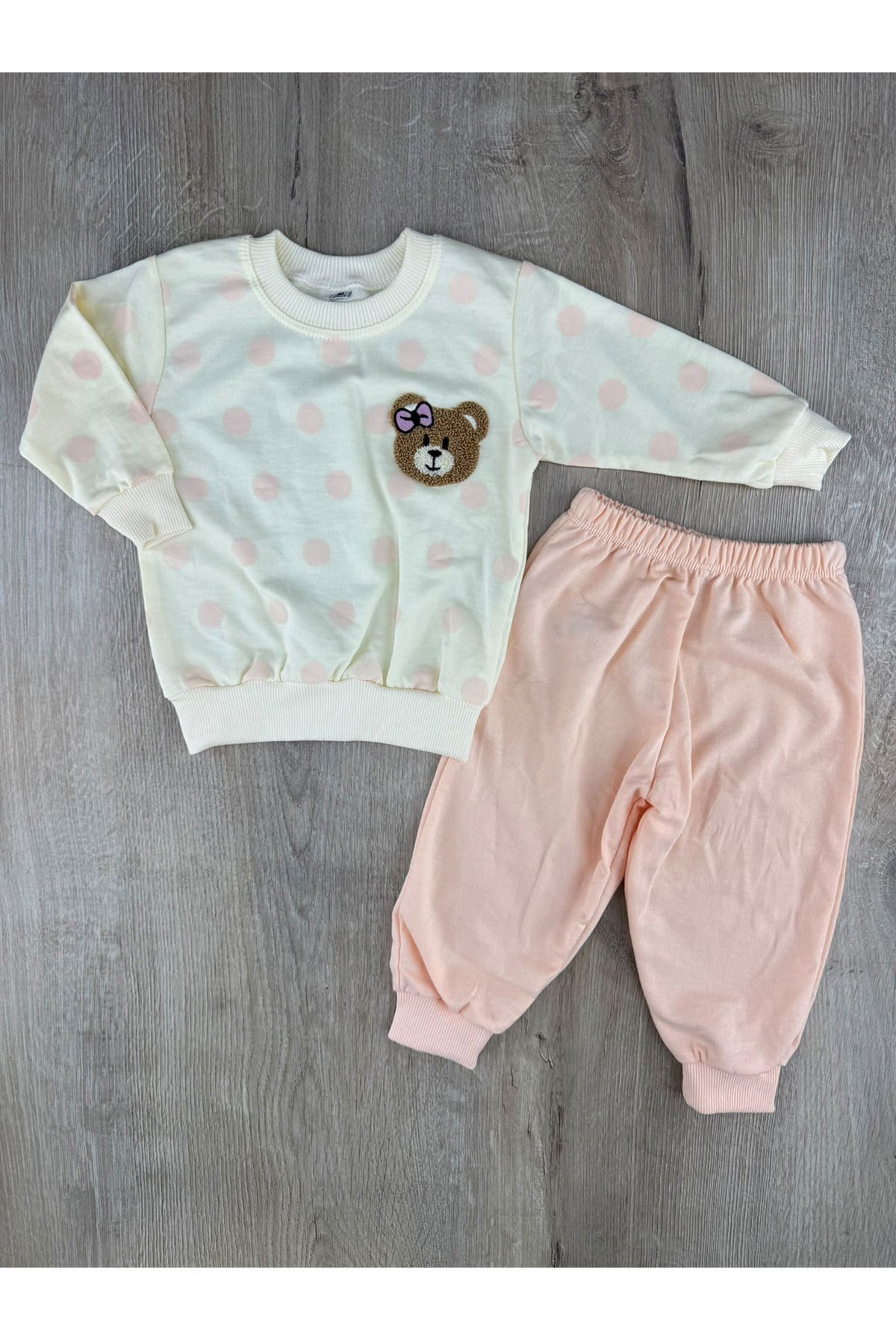 Minibird (1-2-3 Yaş) Puanlı Fiyonklu Ayıcık Desenli Mevsimlik Takım