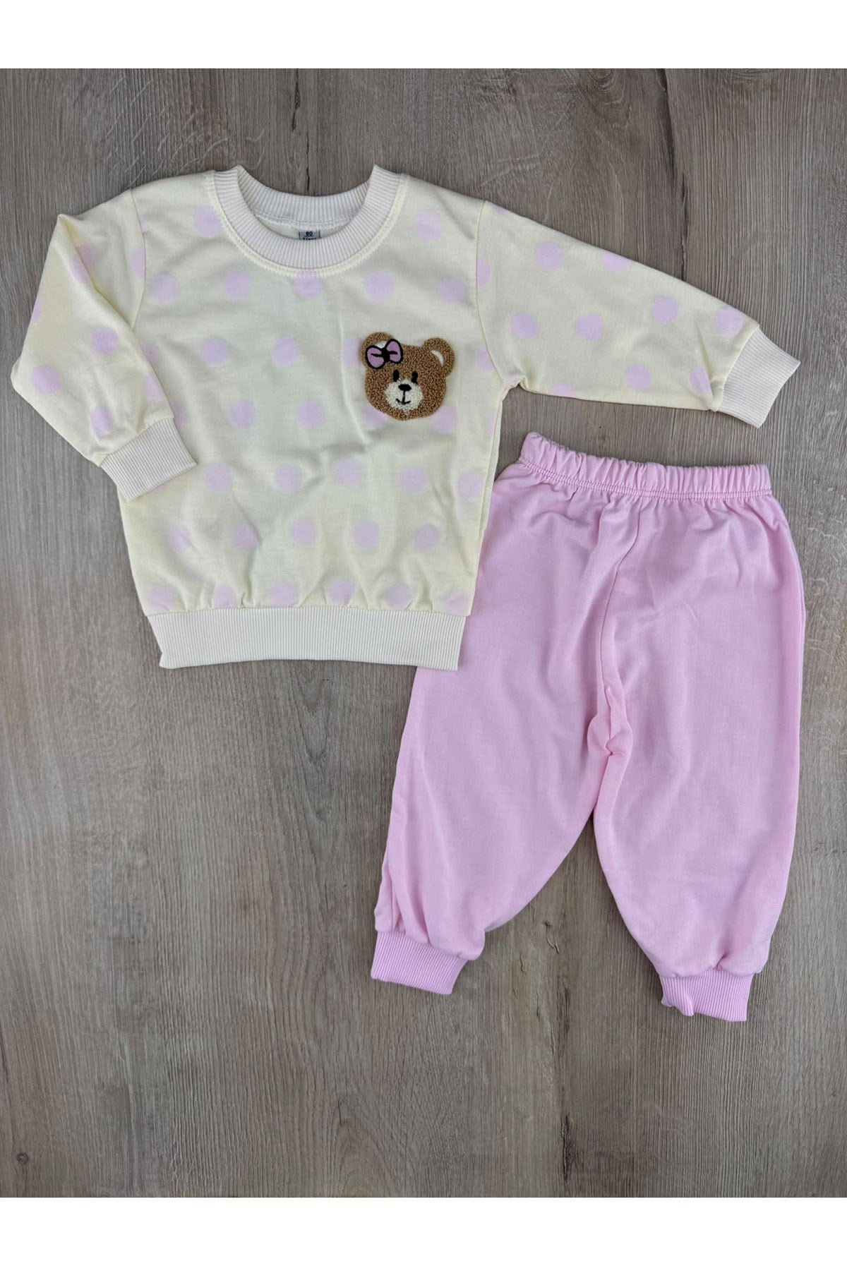 Minibird (1-2-3 Yaş) Puanlı Fiyonklu Ayıcık Desenli Mevsimlik Takım
