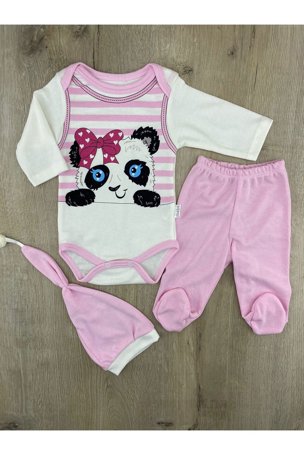 Minibird (3-9 Ay) Fiyonklu Panda Desenli Çıtçıtlı Badili Şapkalı Takım