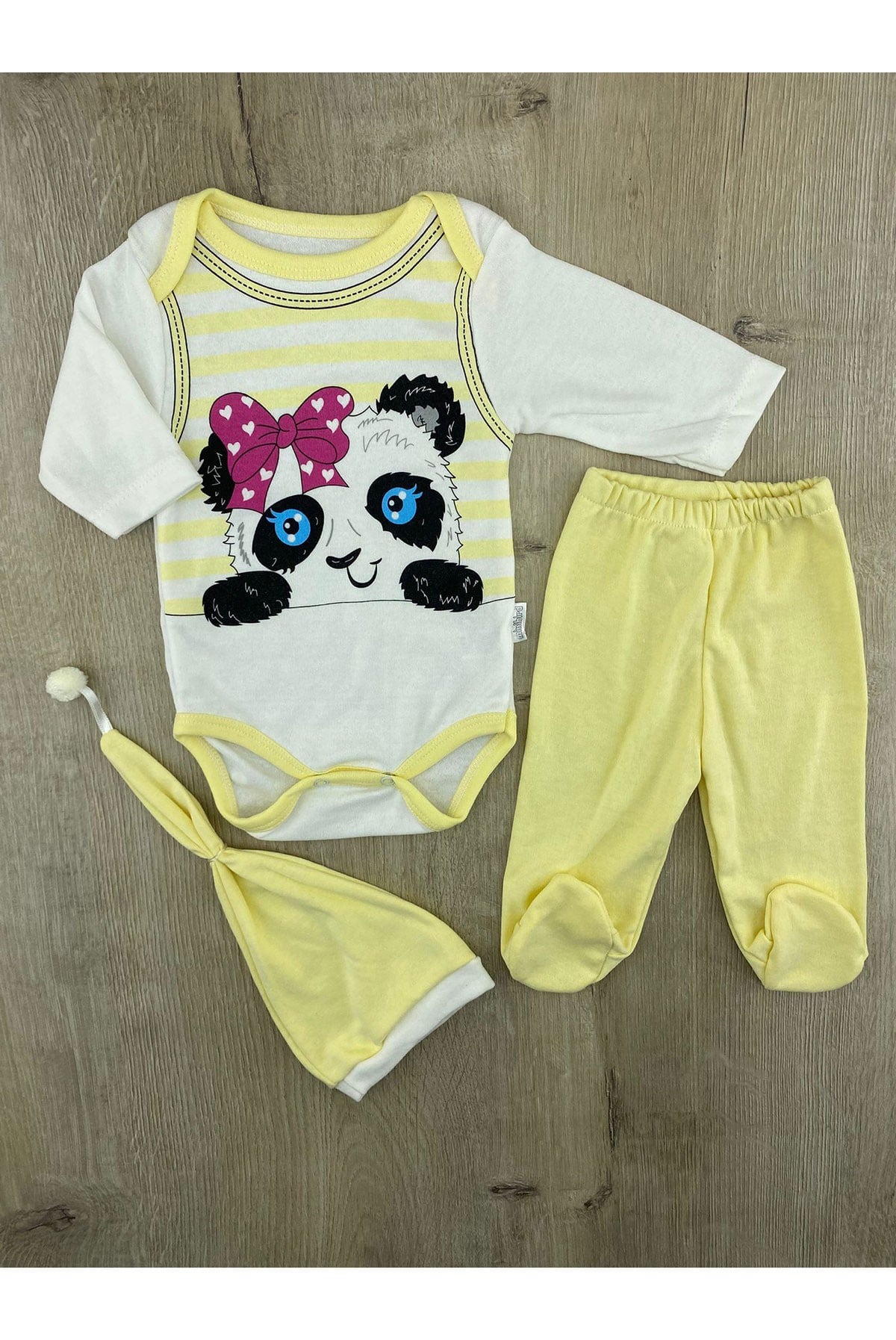 Minibird (3-9 Ay) Fiyonklu Panda Desenli Çıtçıtlı Badili Şapkalı Takım