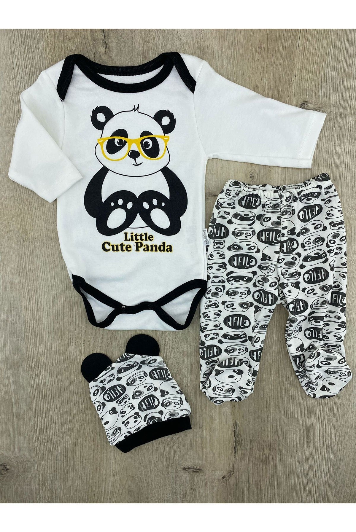 Minibird(3-6 Ay) Panda Desenli Çıtçıtlı Badili Şapkalı Takım