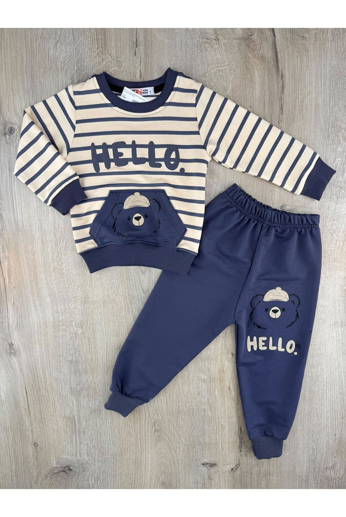 MRN (1-4 Yaş) Çizgili Hello Desenli Önü Cepli Mevsimlik Takım