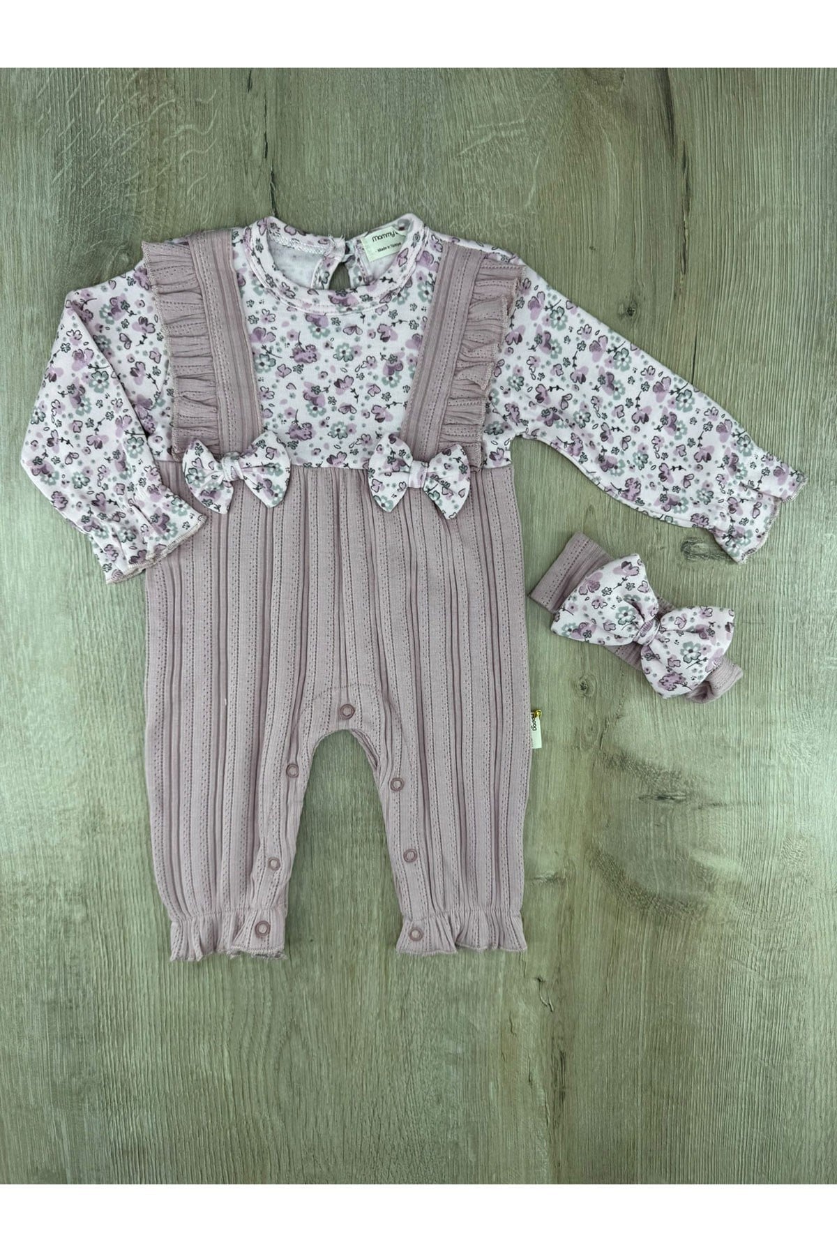 Murat Baby (0-12 ay) Çift Fiyonklu Çiçekli Fırfırlı Saç Bantlı Tulum