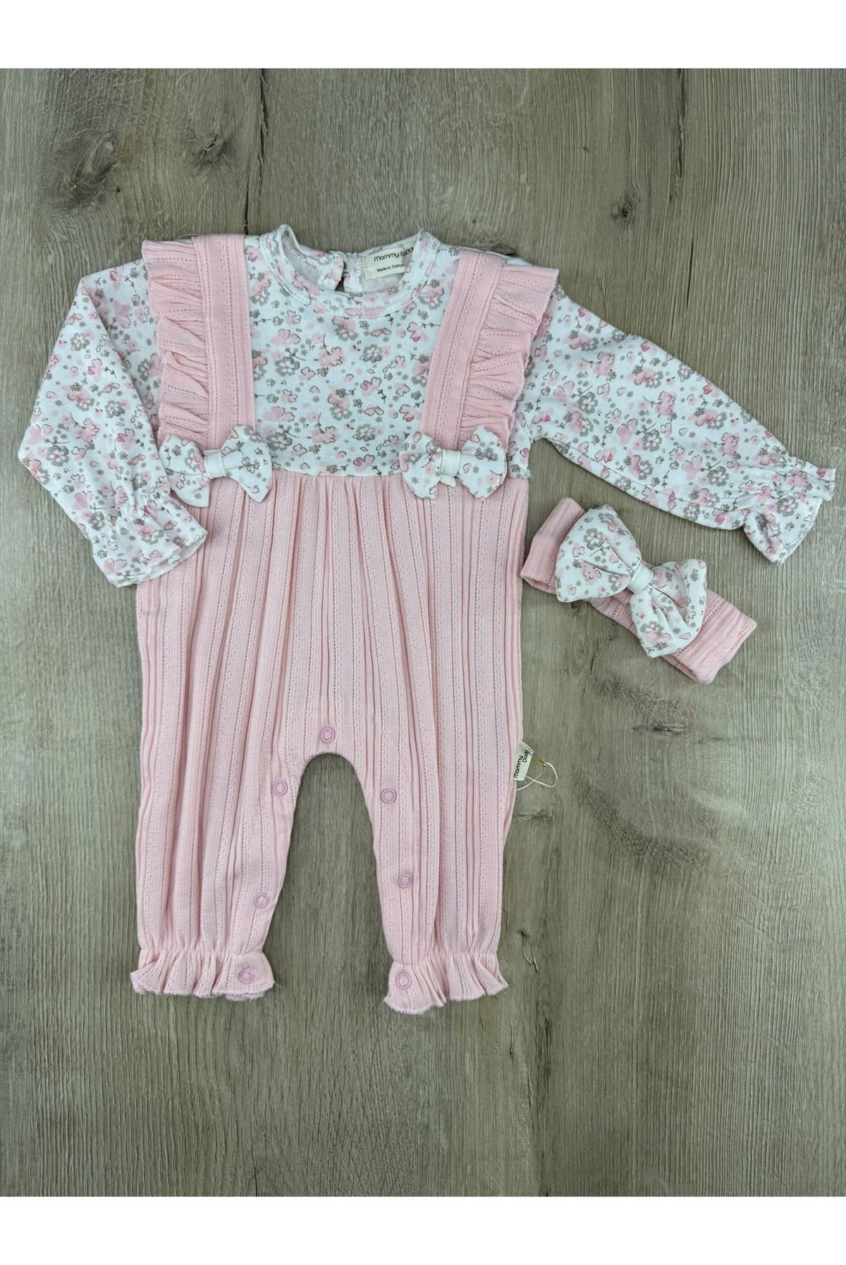 Murat Baby (0-12 ay) Çift Fiyonklu Çiçekli Fırfırlı Saç Bantlı Tulum