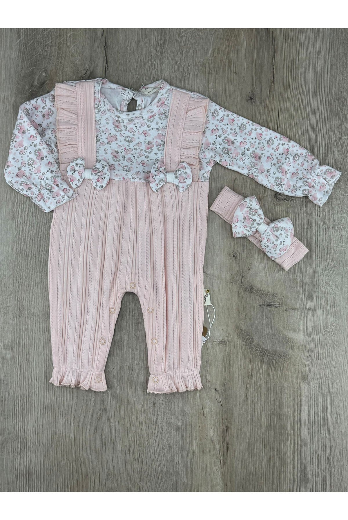 Murat Baby (0-12 ay) Çift Fiyonklu Çiçekli Fırfırlı Saç Bantlı Tulum