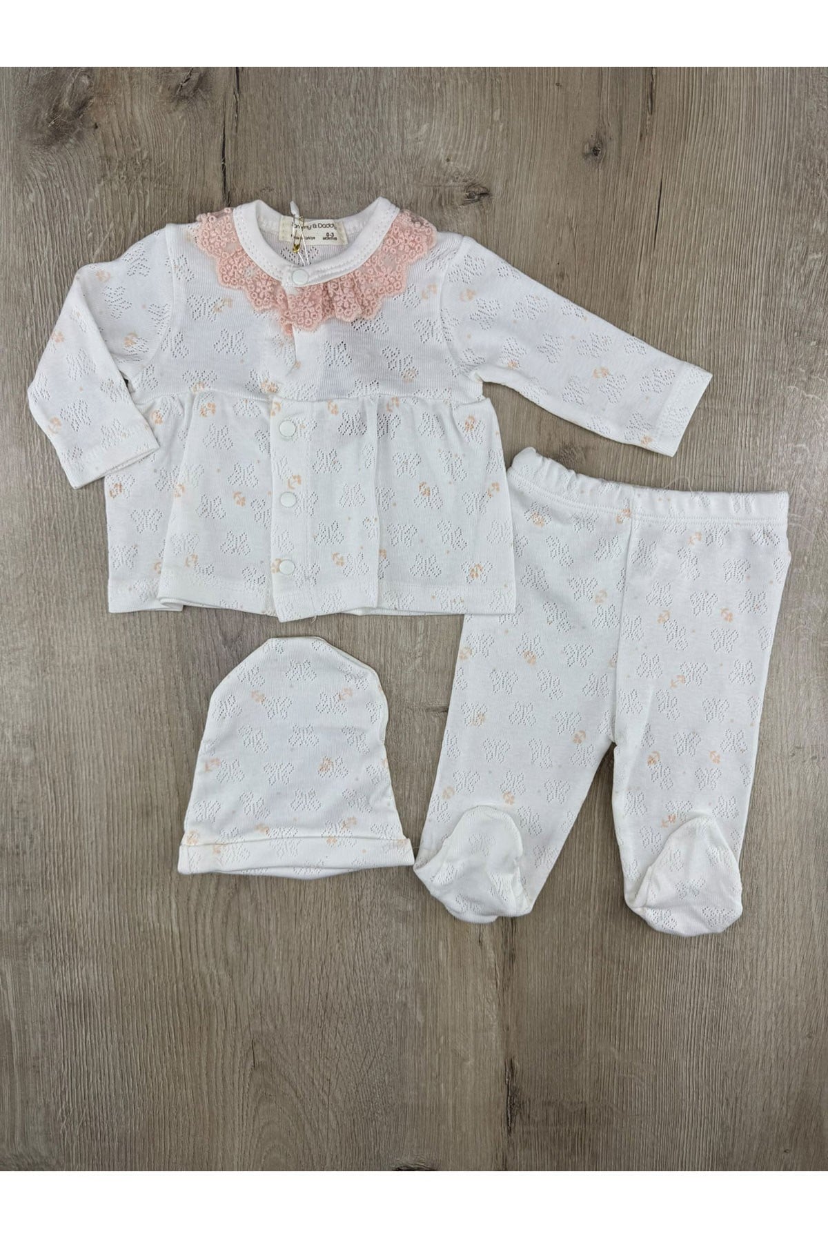 Murat Baby (0-6 Ay) Yaka Dantelli Kalp Desenli Jakarlı Zıbın Takımı