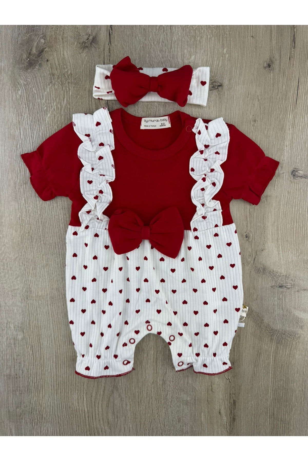 Murat Baby 10514 (0-12 Ay) Minik Kalp Desenli Büyük Fiyonklu Kısa Tulum