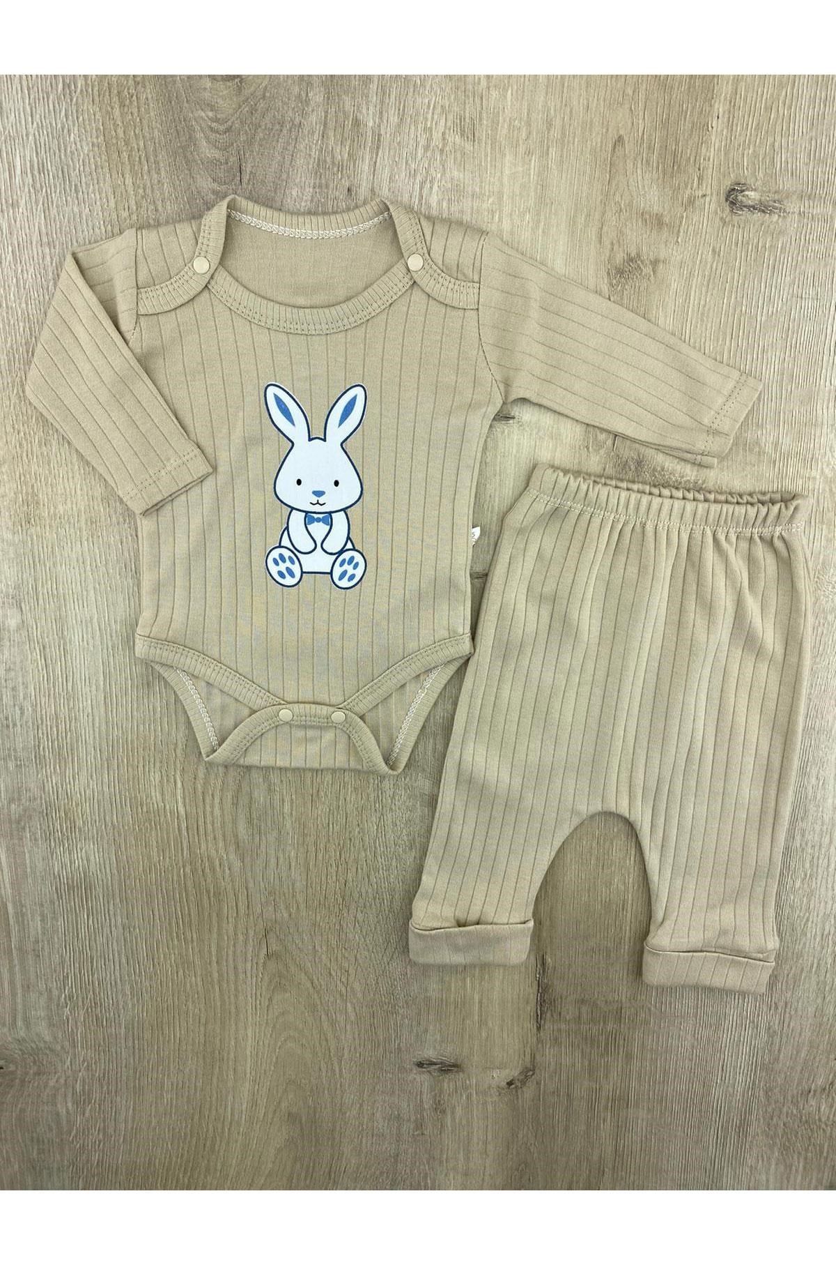 Nayinom(0-6 ay) Papyonlu Tavşan Desenli Çıtçıtlı Badili Takım