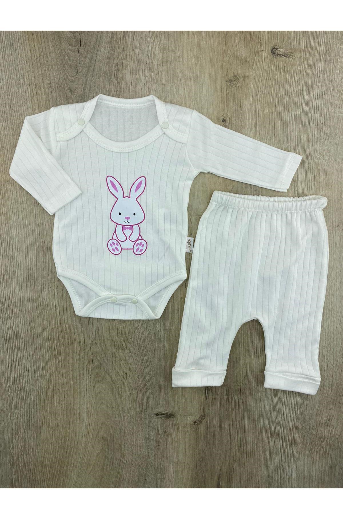 Nayinom(0-6 ay) Papyonlu Tavşan Desenli Çıtçıtlı Badili Takım