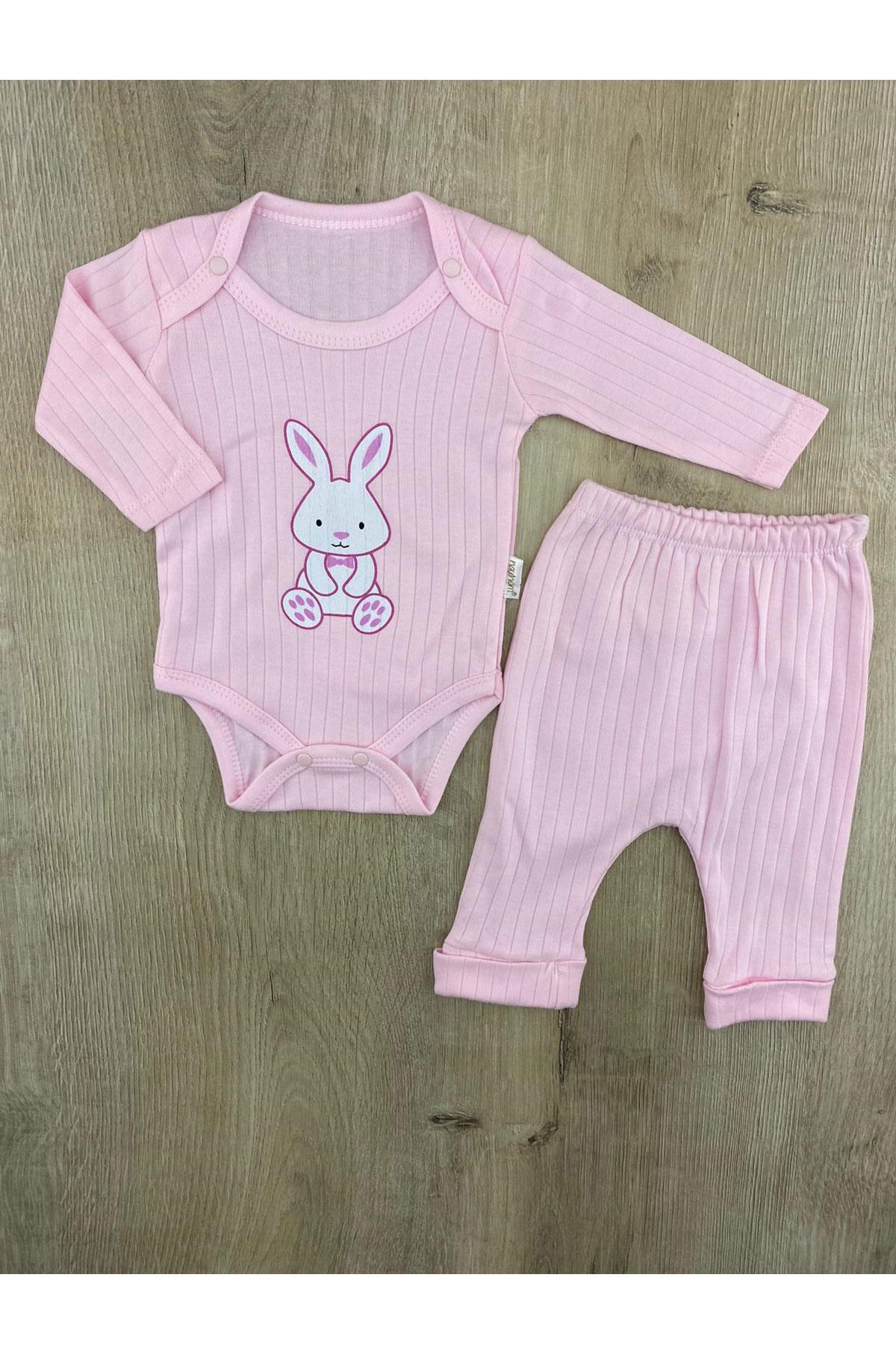 Nayinom(0-6 ay) Papyonlu Tavşan Desenli Çıtçıtlı Badili Takım