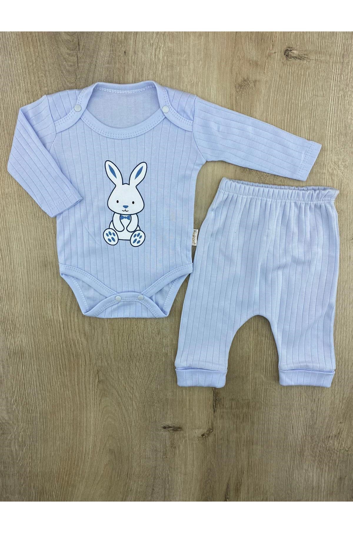 Nayinom(0-6 ay) Papyonlu Tavşan Desenli Çıtçıtlı Badili Takım